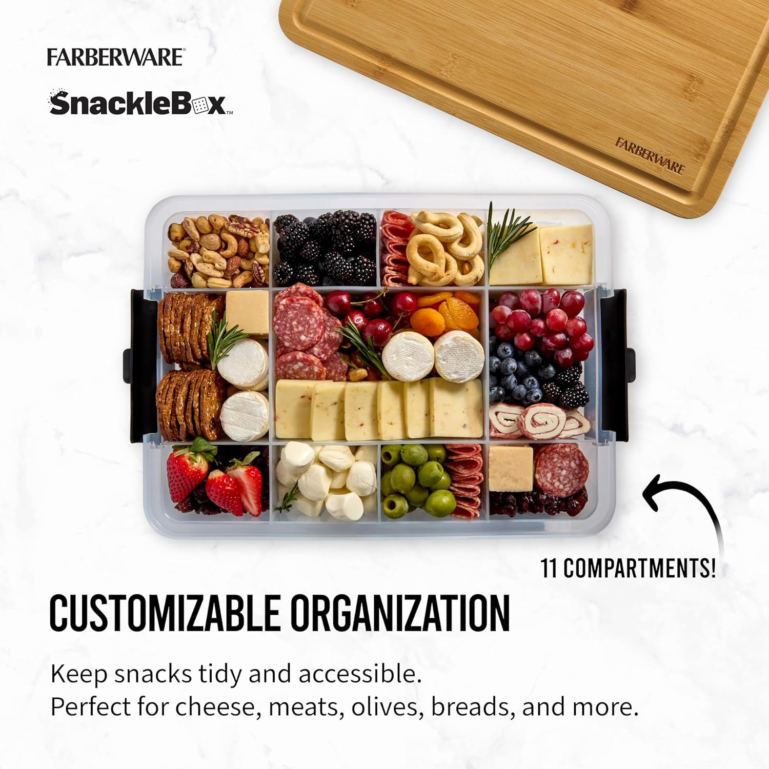 Farberware Build Snacklebox Serving Tray with Locking Bamboo Cutting Board Lid, Portable Storage Container with Compartments for Charcuterie, and More, Natural image number 4