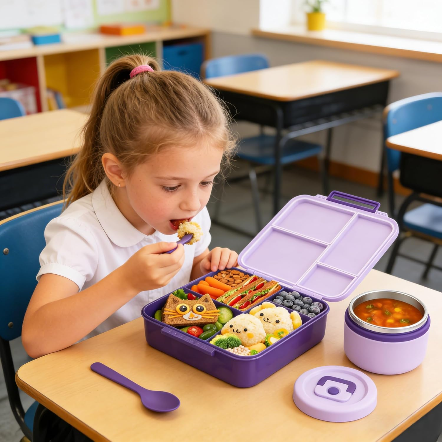 Rwaby Kids Lunch Box - Insulated Bento Box with Stainless Steel Thermos & Leak-Proof Containers for School, Travel, and Outdoor | 300Ml Food Jar & Square Container for Toddlers and Children (Purple) image number 5