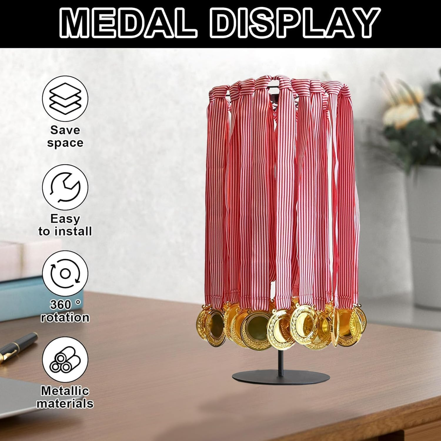 BEANPRECOY Rotatable Medal Hangers | Metal Medal Rack with 45-Medal Capacity | Tabletop Display Holder for Sports, Marathon Races & Runners | Sleek Black Design image number 4
