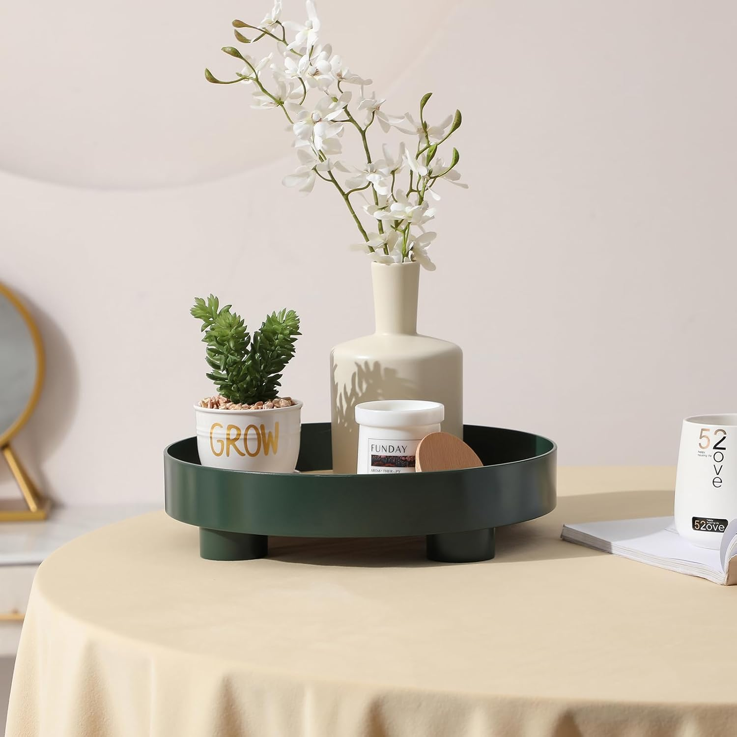 Decorative Tray Coffee Table Tray round Trays for Home Decor Bathroom Counter Tray Perfume Organizer for Dining Table, Dresser, Kitchen, 12 Inch, Green