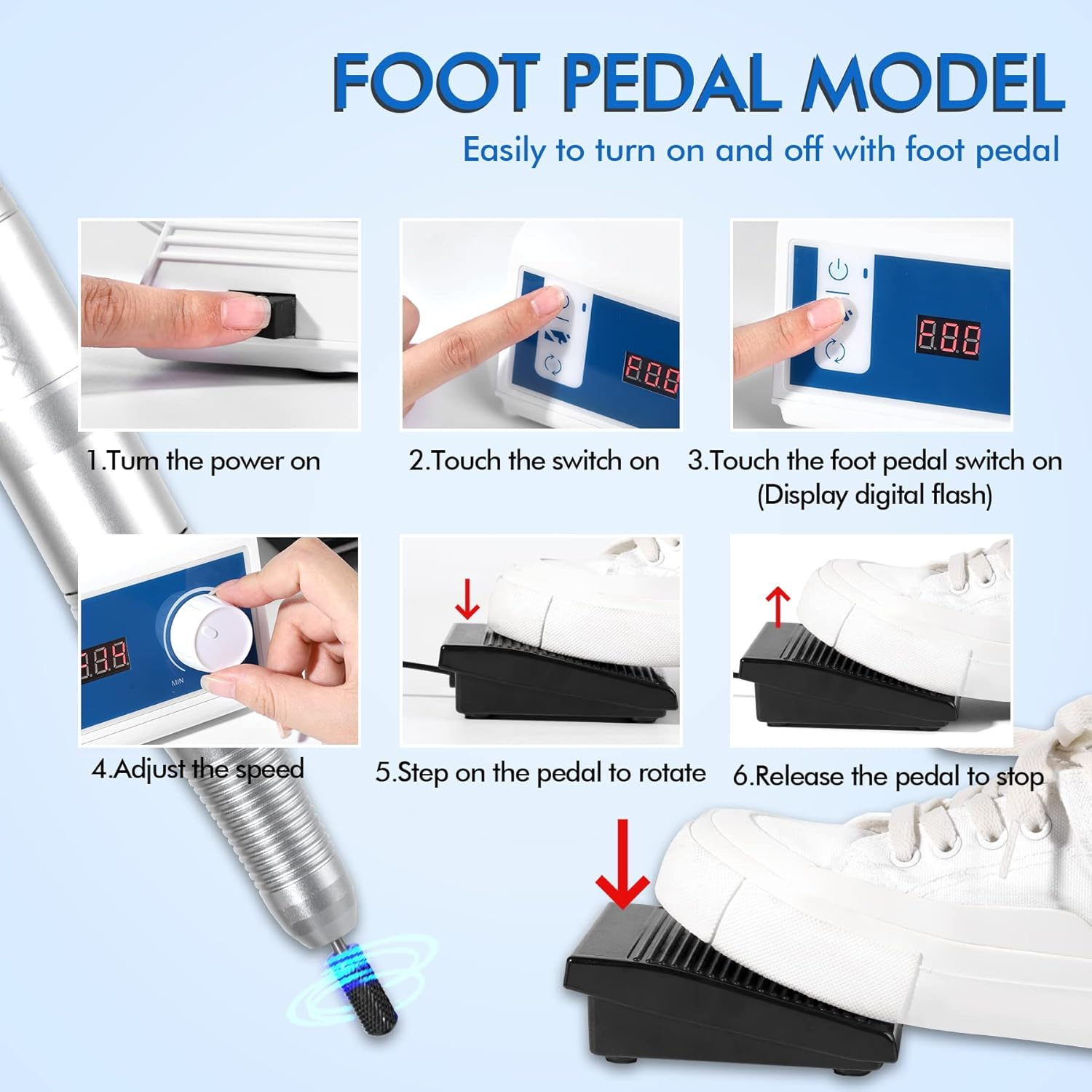 L'UGX Brushless Nail Drill 45000RPM, Professional Electric Nail File Manicure Pedicure with 7 Drill Bits, Perfect for Home Salon Use, Foot Pedal, Low Noise and No Vibration image number 3