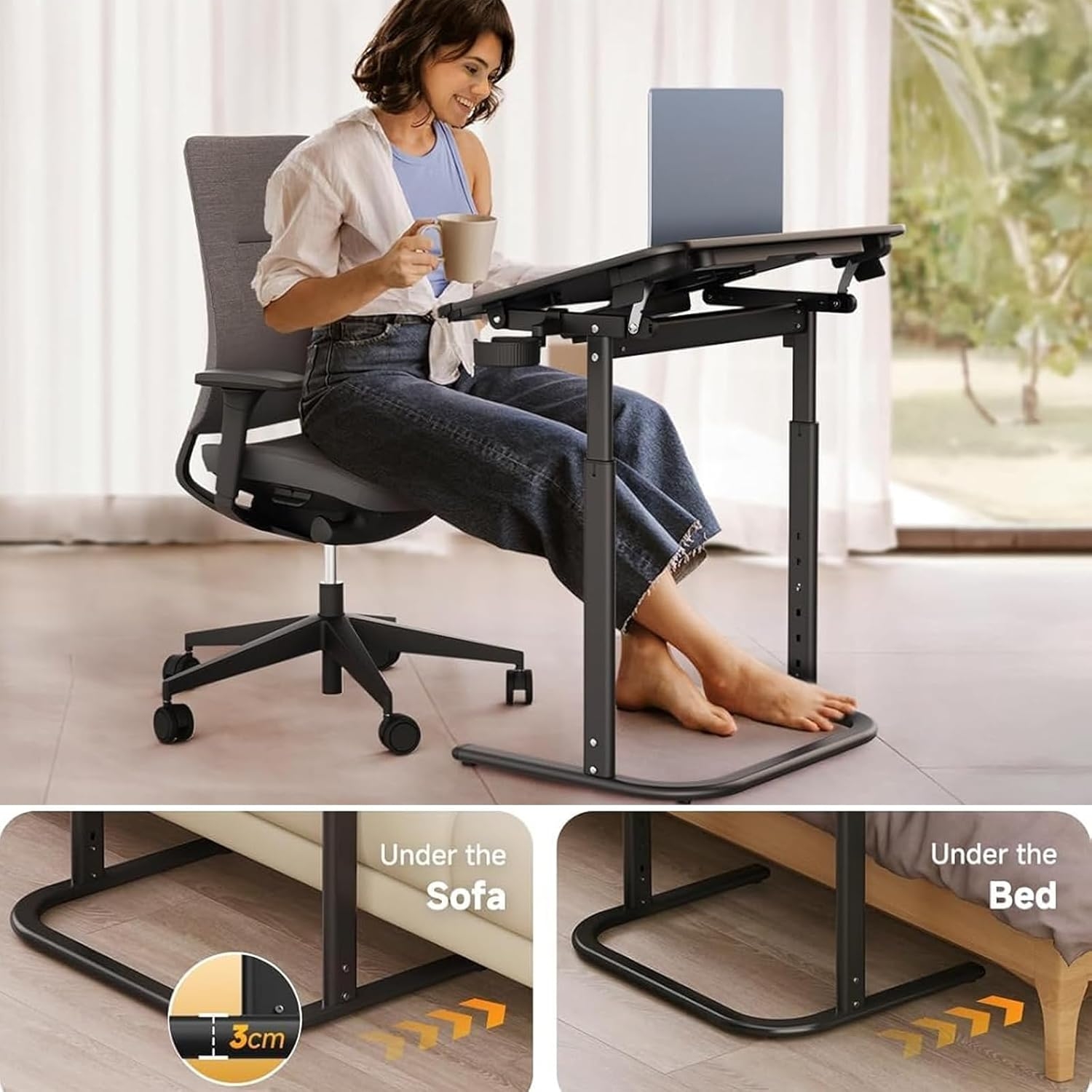 Portable Folding Snack Table with Adjustable Tray & Removable Cup Holder,Black image number 3