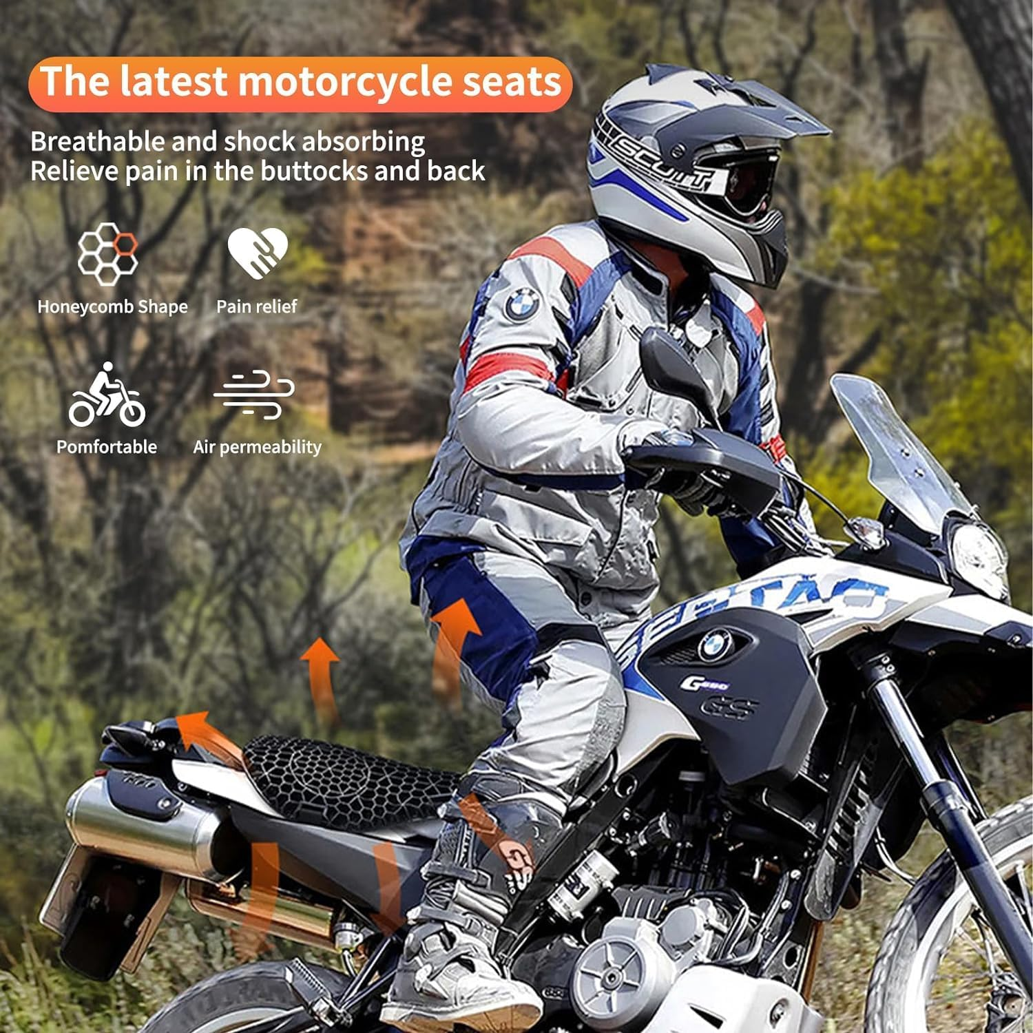 Motorcycle Gel Seat Cushion with Seat Cover, 3D Honeycomb Structure, Breathable Shock Absorption Motorcycle Seat Cover, Motorcycle Gel Seat Pad for Comfortable Long Rides image number 1