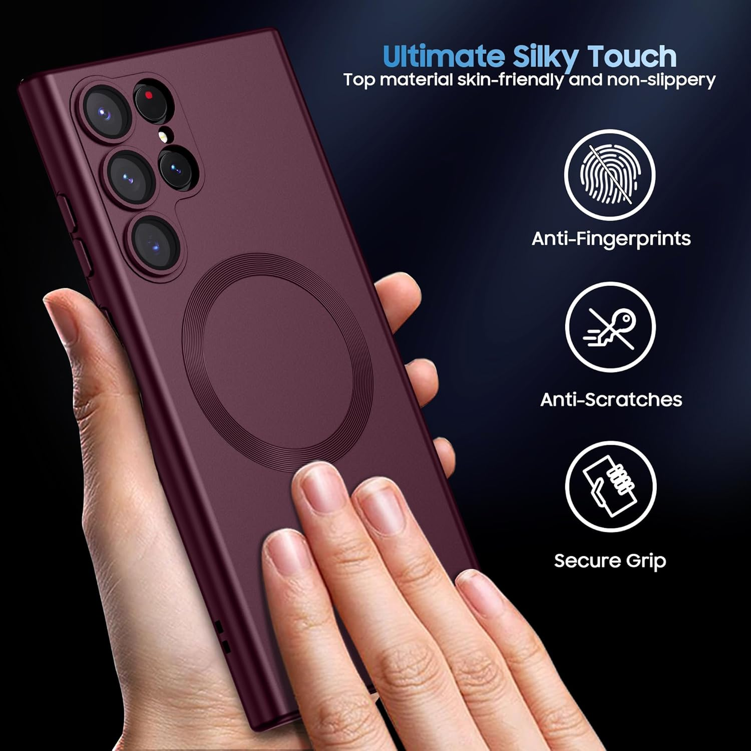 MAKAVO Matte for Samsung Galaxy S22 Ultra Case, Compatible with Magsafe, Slim Thin Magnetic Cover with Built-In Camera Lens Protector Shockproof Phone Shell (Burgundy) - Burgundy image number 3
