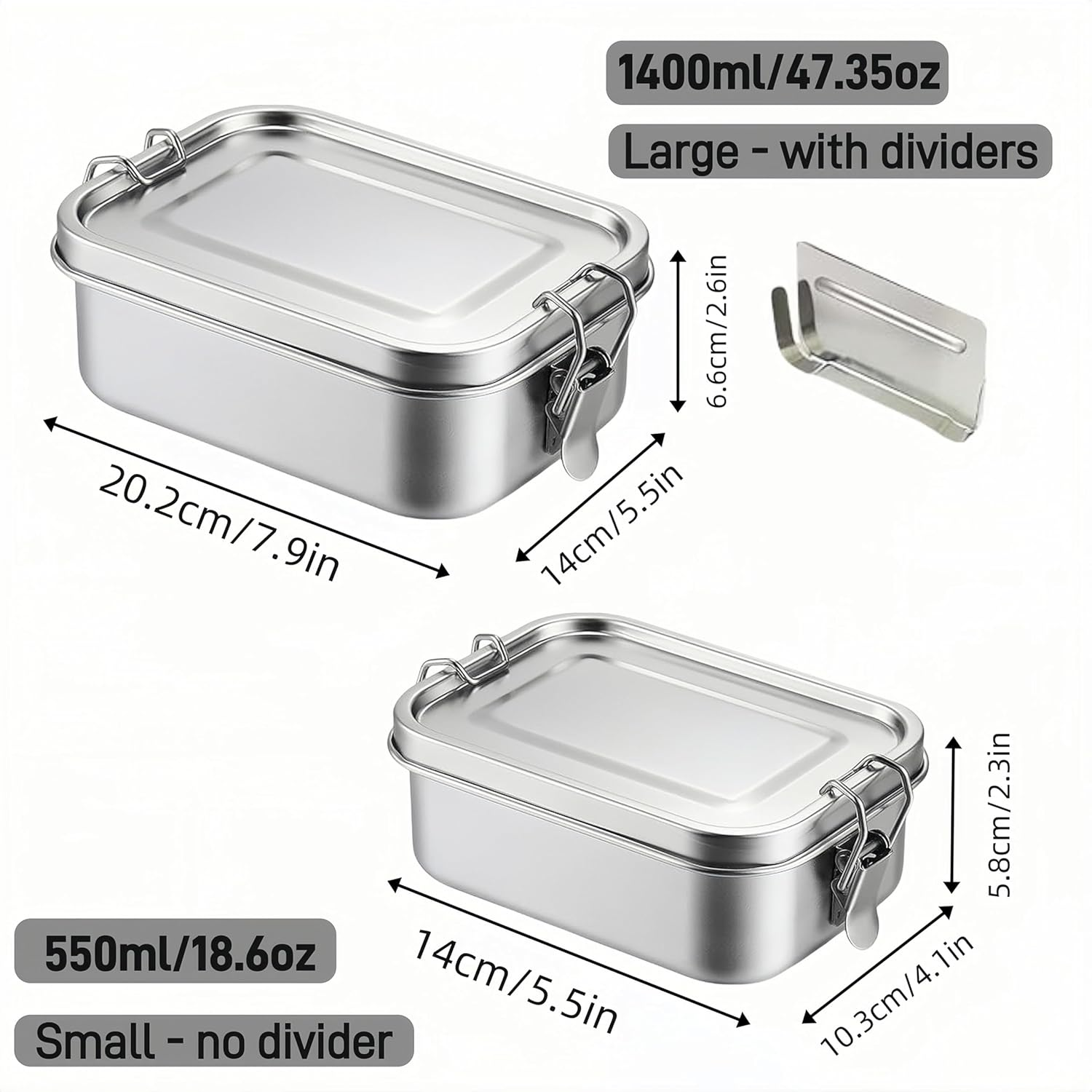 2 Piece Stainless Steel Lunch Box Set - 1400Ml with Divider and 550Ml Metal Box - Reusable Food Storage Container for Work, School and Outdoor Use image number 3