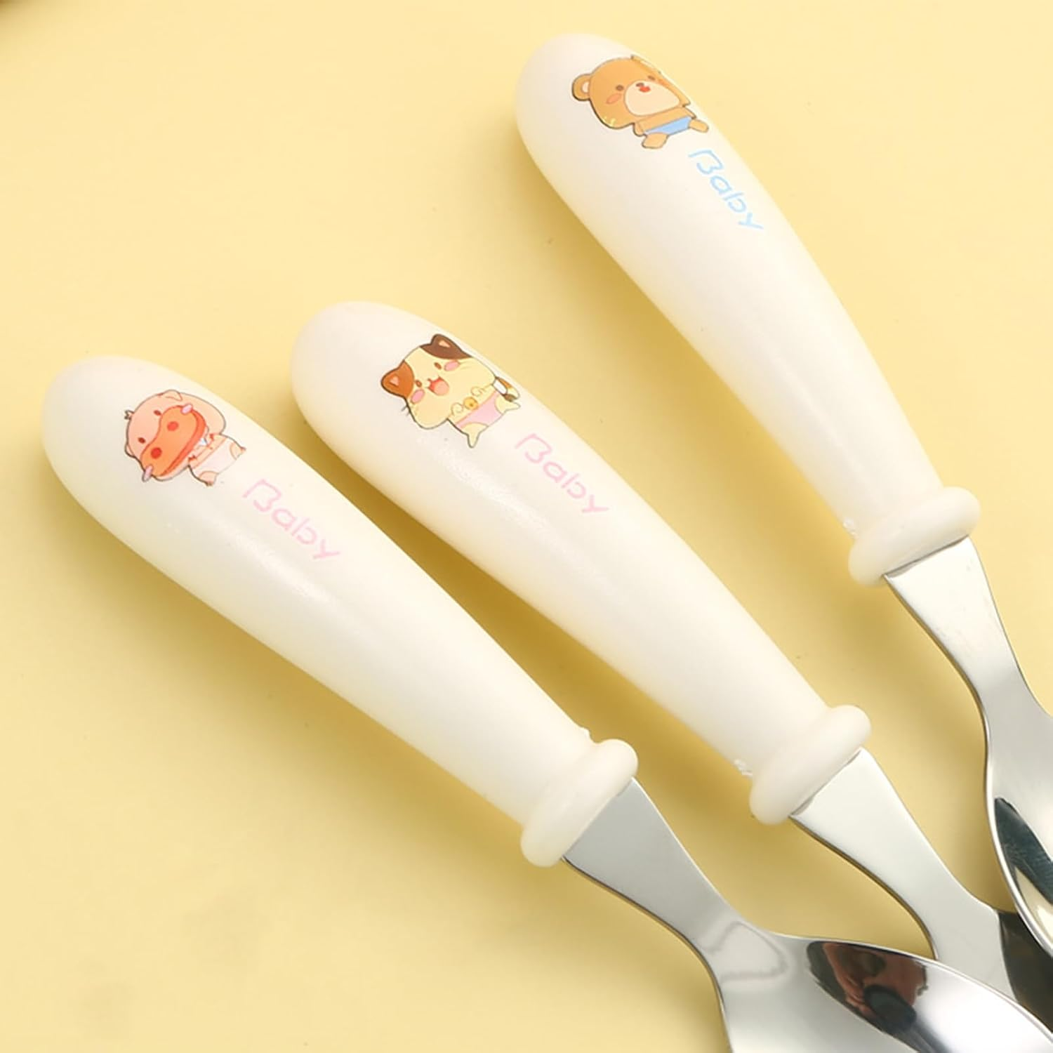 Yeanifeana Stainless Steel Fork and Spoon Set with Travel Case, Durable, Dishwasher Safe Utensils Perfect for Learning to Use (Bear) - Bear image number 1