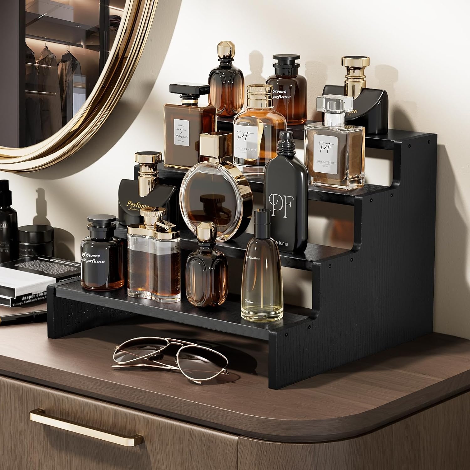 Procase Wooden Cologne Organizer for Men, 4 Tier Perfume Organizer Display Risers, Mens Cologne Stand Holder Organizer, Cologne Shelf Rack for Fragrances Candles Cosmetics Cupcake Figure -Black image number 3