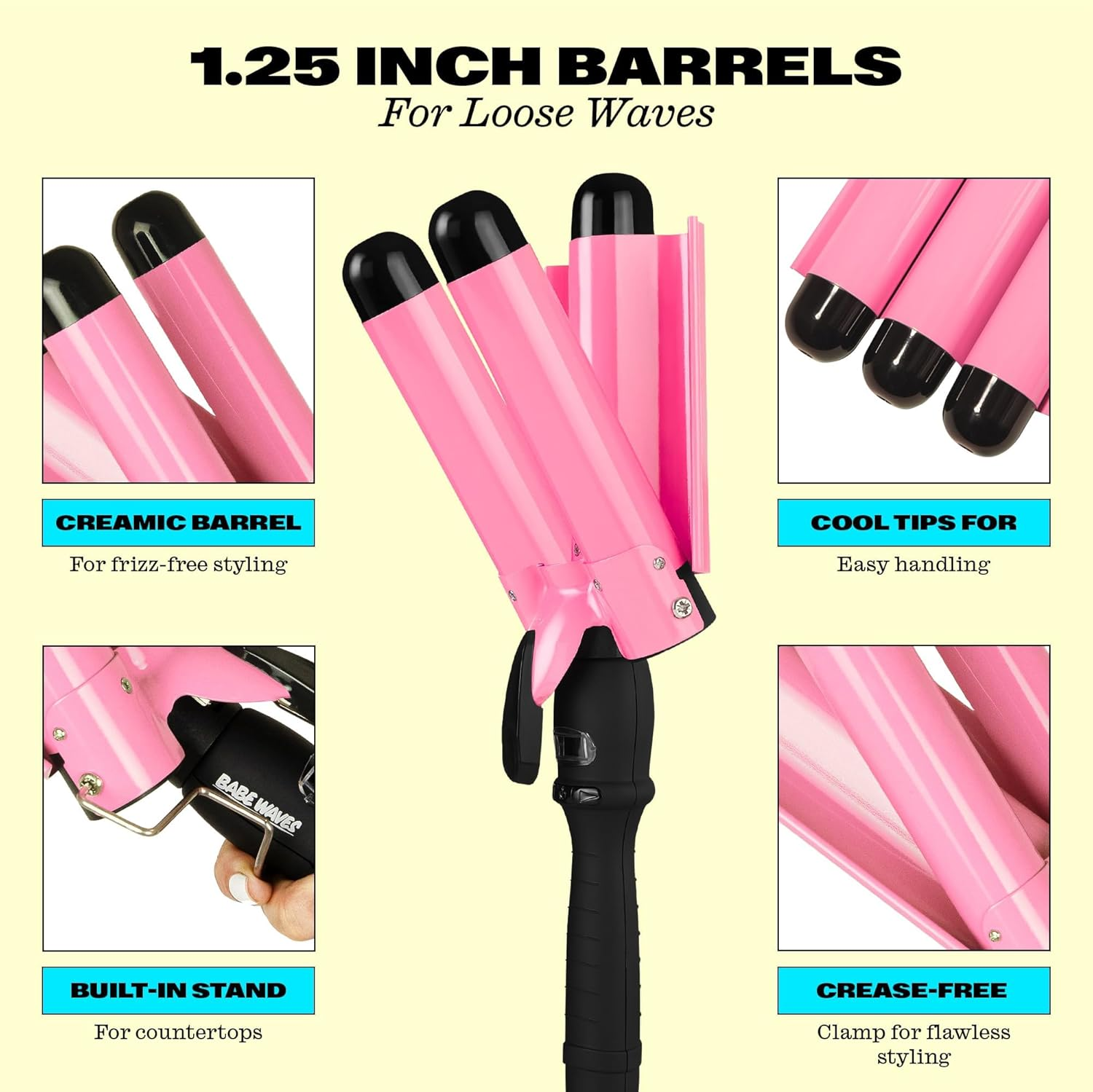 Trademark Beauty Three Barrel Hair Waver, Curling Iron, 1.25 Inch, Beach Waves, Adjustable Temperature Hair Curler, Babe Waves Jumbo - Pink image number 2