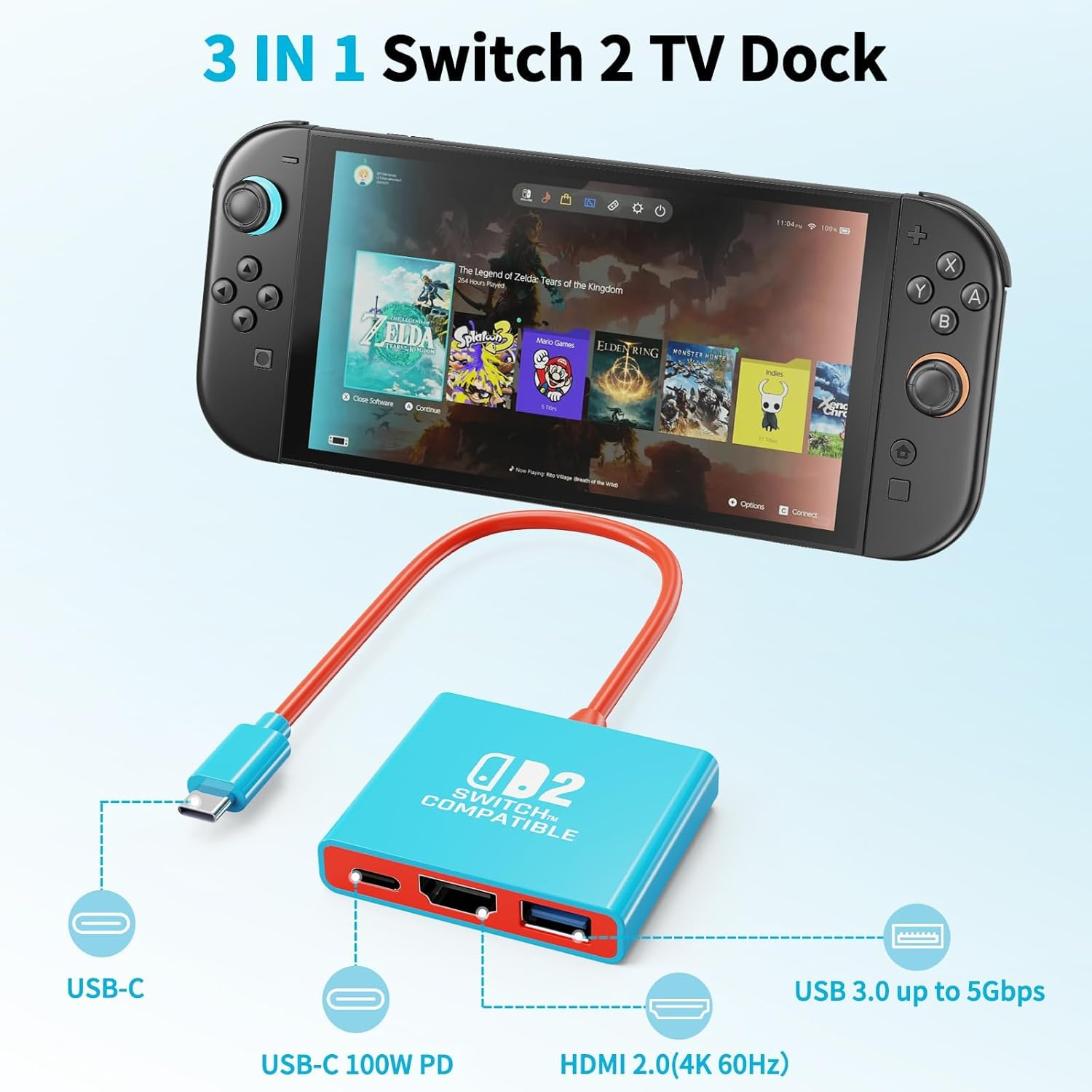 Docking Station Compatible with Nintendo Switch 2, Replacement for Nintendo Switch 2 Dock,Portable Travel Docking Station with HDMI2.0/PD 100W/USB3.0 Port,Support 4K/60HZ Switch 2 TV Mode image number 1