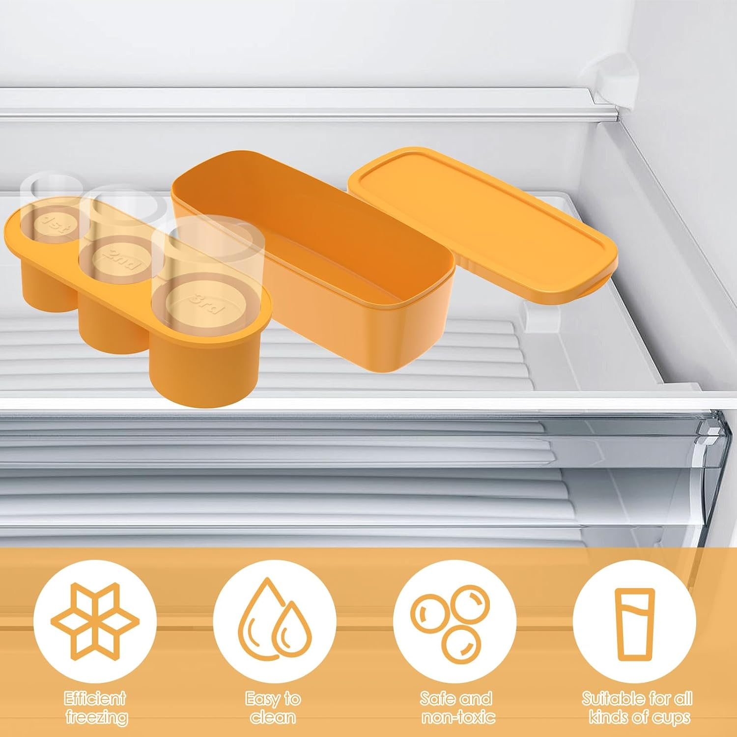 Ice Cube Tray for Stanley, 3 Hollow Cylinder Ice Cube Molds with Lid and Storage Box, Silicone Ice Cube Maker for 30-40 Oz Tumblers Cups, Easy to Release Ice Maker Cube Tray for Drinks (Orange) image number 3