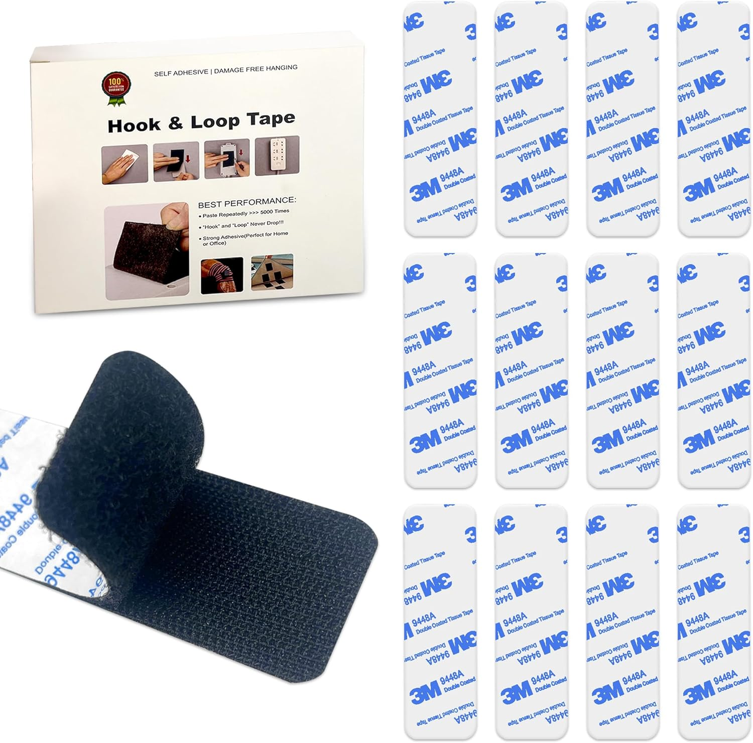 Hook and Loop round Edge Strength Sticky Back Fastener | 5 X 10 Cm 12 Sets | Interlocking Tape Mounting Tape for Carpet, Couch Cushions, Pedal Board - Black image number 1