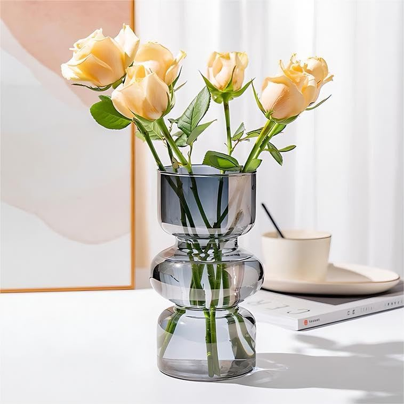 Gray Vases for Flowers,7 Inch Hydroponic Glass Vases for Decor,Transparent Stained Glass Vase Table Living Room Bathroom Bedroom Study Decorated with Vases(Gray)