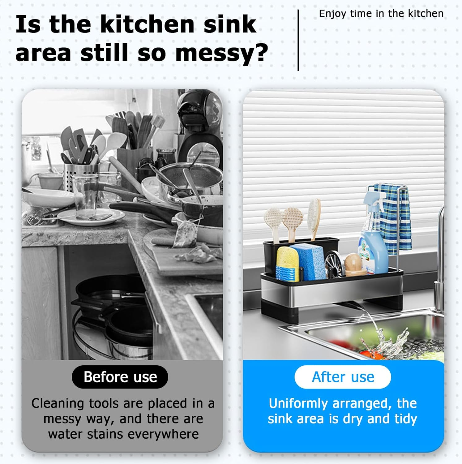 Sink Caddy, Kitchen Sink Caddy Storage with Dishcloth Holder Rack & Brush Holder and Self Drain Tray, Rustproof Sink Organiser Bench Top, Soap Dispenser Storage Accessories image number 1