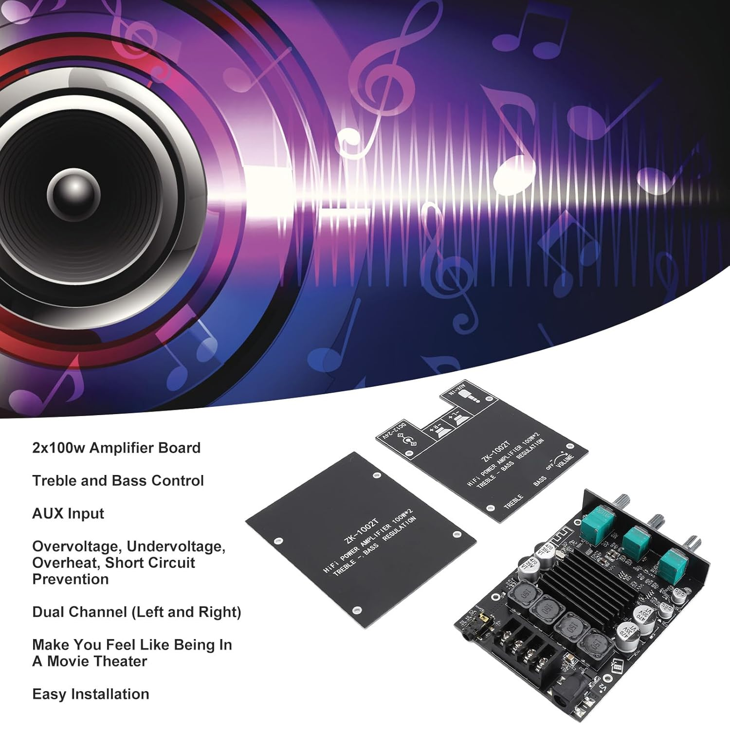 ZK-1002T Bluetooth Amplifier Board, 100W+100W 2.0 Channel Stereo Amp Board, BT and AUX Inputs, 12-24V, with Treble and Bass Control image number 5
