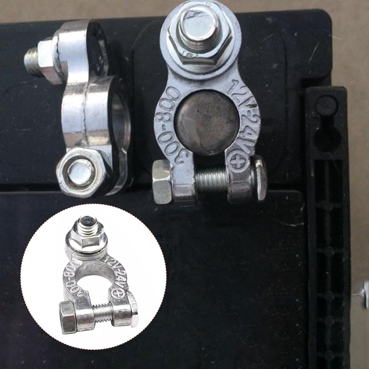 2 Pairs Car Battery Terminal, 12V/24V Universal Heavy Duty Stud Type Battery Connector Clamp for Car Positive Negative Post Nut Replacement for Marine Car Boat Rv(Silver) image number 1