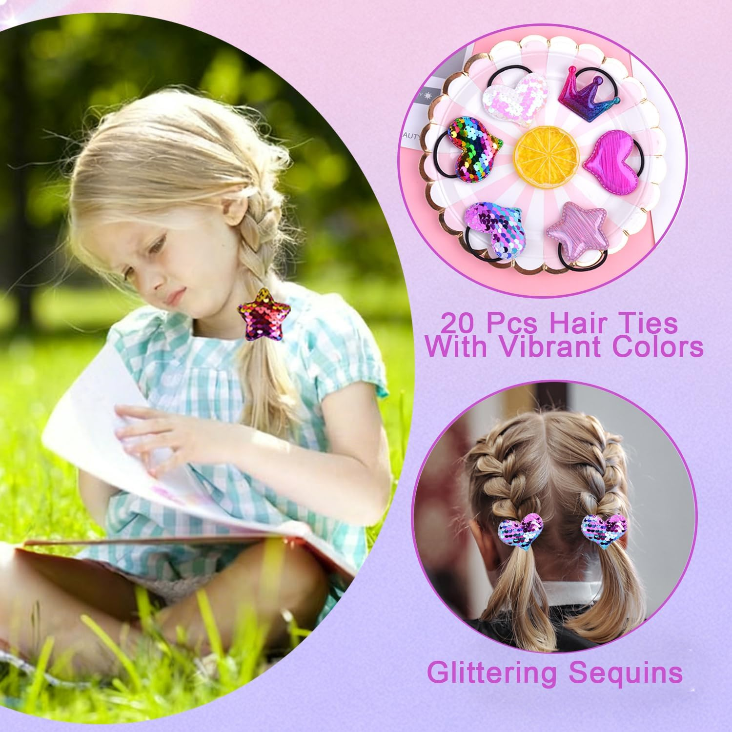 20 Pcs/10 Pairs Glitter Hair Ties for Girls, Sequin Heart Star Crown Baby Girls Hair Scrunchies Elastics Rubber Bands Hair Ropes Ponytail Holders Hair Accessories for Infants Toddlers Kids Teens Women image number 1