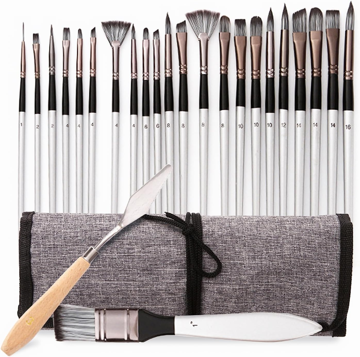 24 Pcs Paint Brush Set,Acrylic Paint Brush Set, Enhanced Synthetic Brush with Canvas Roll and Palette Knife for Acrylic, Oil, Watercolor and Gouache Painting image number 4