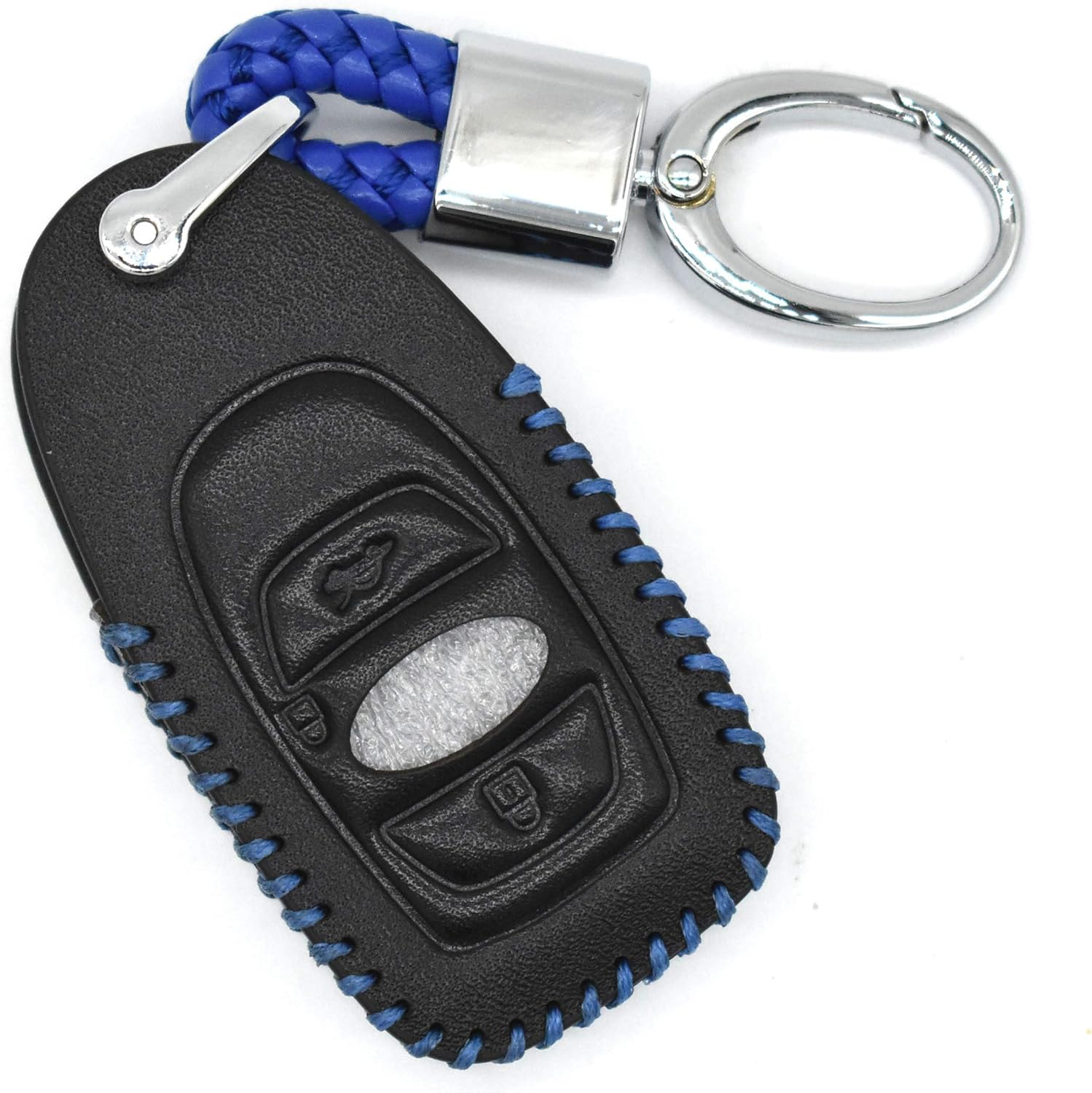 Ontto Genuine Leather Keycase Smart Remote Car Key Fob Cover Shell with Keyring Fit for Subaru Outback XV Forester Legecy Keyless Entry Key Skin Protector Blue String