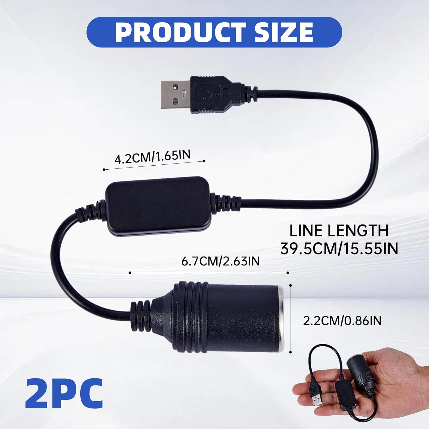 2 Pcs USB a Male to 12V Car Cigarette Lighter Socket Female Converter Cable, USB to Cigarette Lighter Adapter (8W Max) image number 3