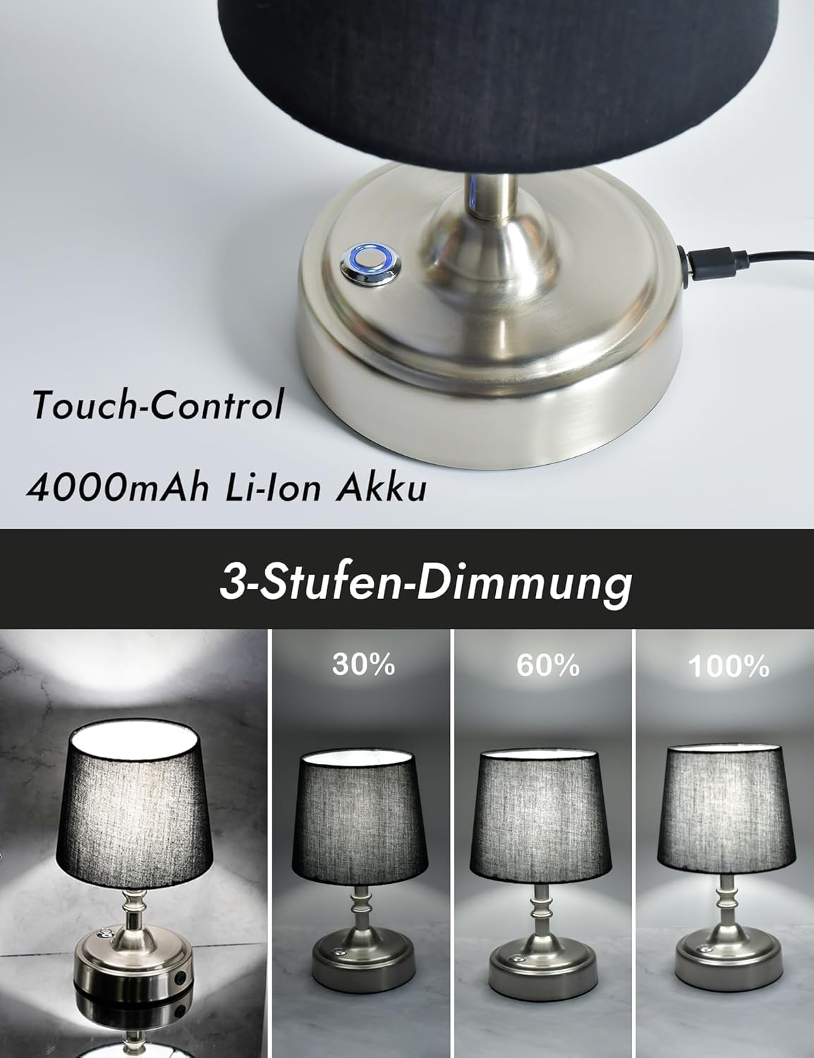 GEYUEYA Home Wireless LED Table Lamp, Wireless Battery with 3 Colour Temperatures, Continuously Dimmable, Touch Lamp with Battery USB-C, Camping Lamp, Warm White (Silver) image number 5