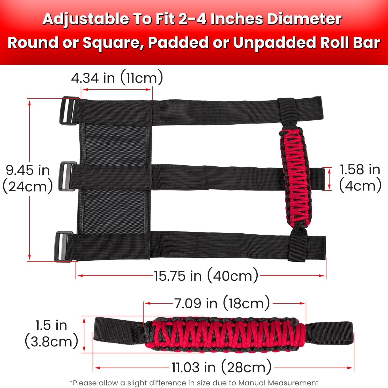 4 X Roll Bar Grab Handles Grip Handle for Jeep Wrangler JK JKU JL JLU TJ YJ Sports Sahara Freedom Rubicon Unlimited Gladiator JT 1955-2023 UTV ATV Premium 550 Paracord Interior Accessories (Red) - Green image number 3