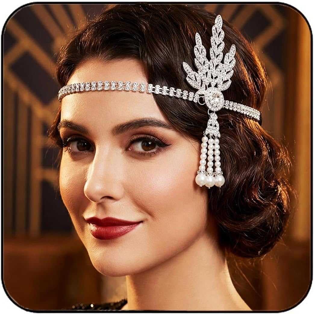 GORTIN 1920'S Flapper Headband Leaf Rhiestones Gatsby Headpiece Pearl Headdress Flapper Hair Accessories for Women
