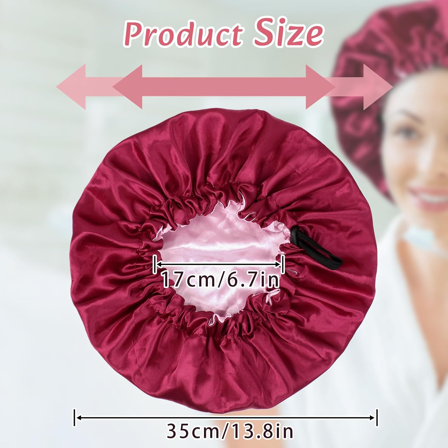 Euqvunn Pack of 2 Silk Bonnet for Sleeping, Adjustable Silk Sleep Cap with Wide Elastic Band, Double-Sided in Two Colours, Protection for Long/Straight/Curly Hair (Black Red) image number 3