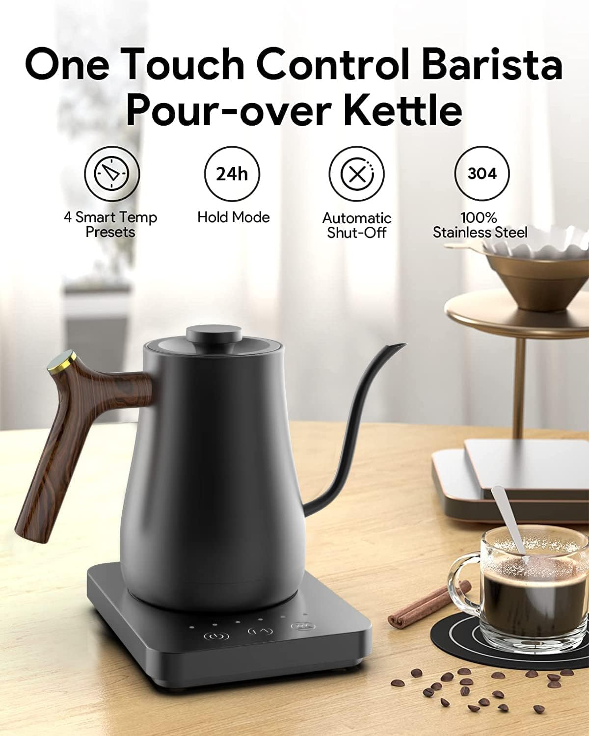 Electric Gooseneck Kettle 0.8L, 304 Stainless Steel Smart Professional Coffee and Tea Pot, Automatic Temperature Control and Constant Temperature, 1000W Quick Heating (Black) image number 3