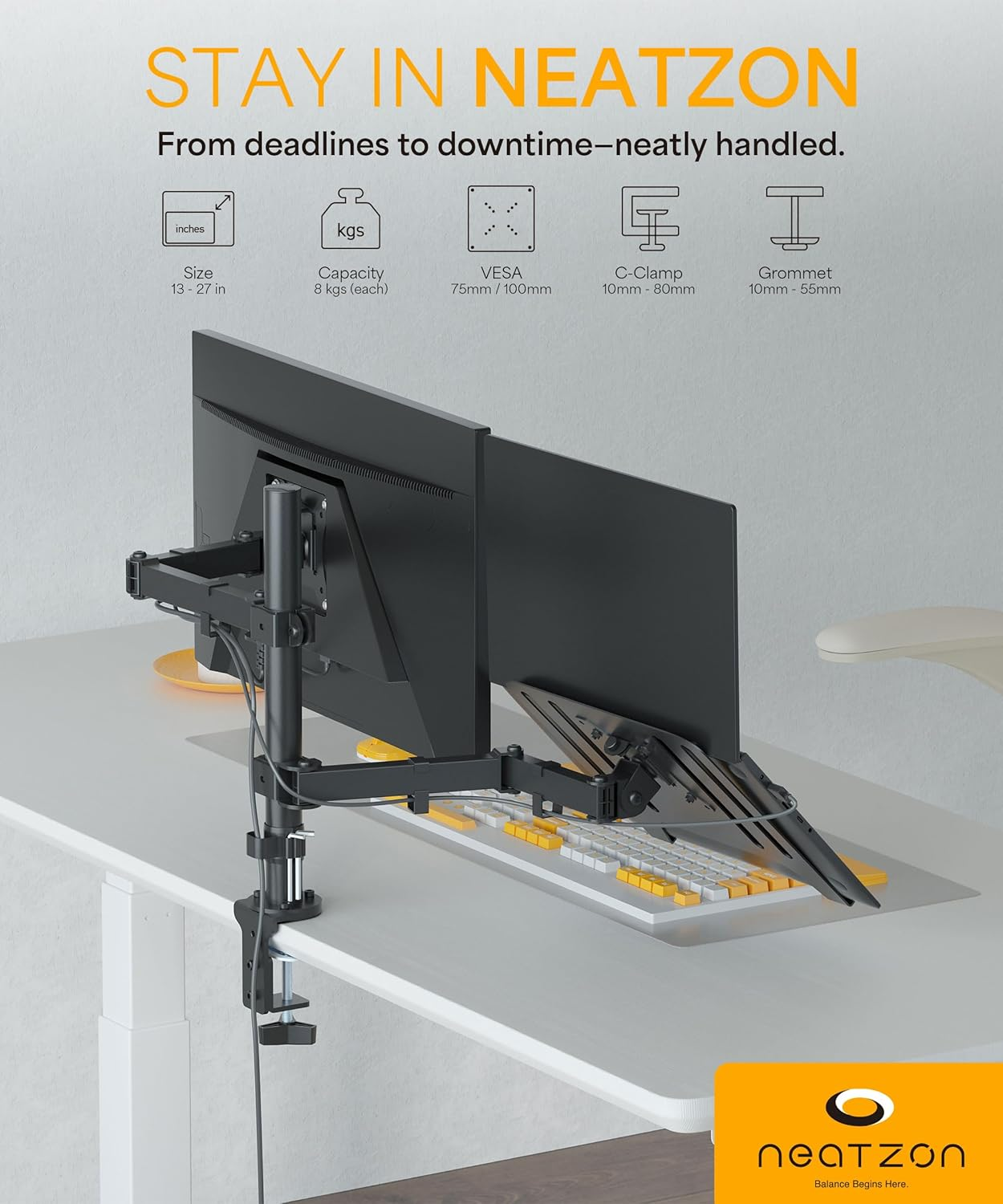 Neatzon Laptop and Monitor Arm &ndash; Sleek Desk Mount for Notebook and Screen up to 8Kg, Ergonomic Articulating Stand with Cable Management, VESA Compatible NZ-ARM-02 image number 6