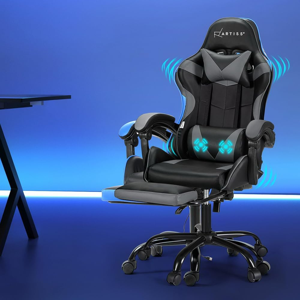 Artiss Massage Gaming Chair, PU Leather 2 Point Ergonomic Office Computer Desk Recliner Chairs Armchair for Room Executive Home, with Retracted Padded Footrest 360&deg; Rotatable Height Adjustment Blue