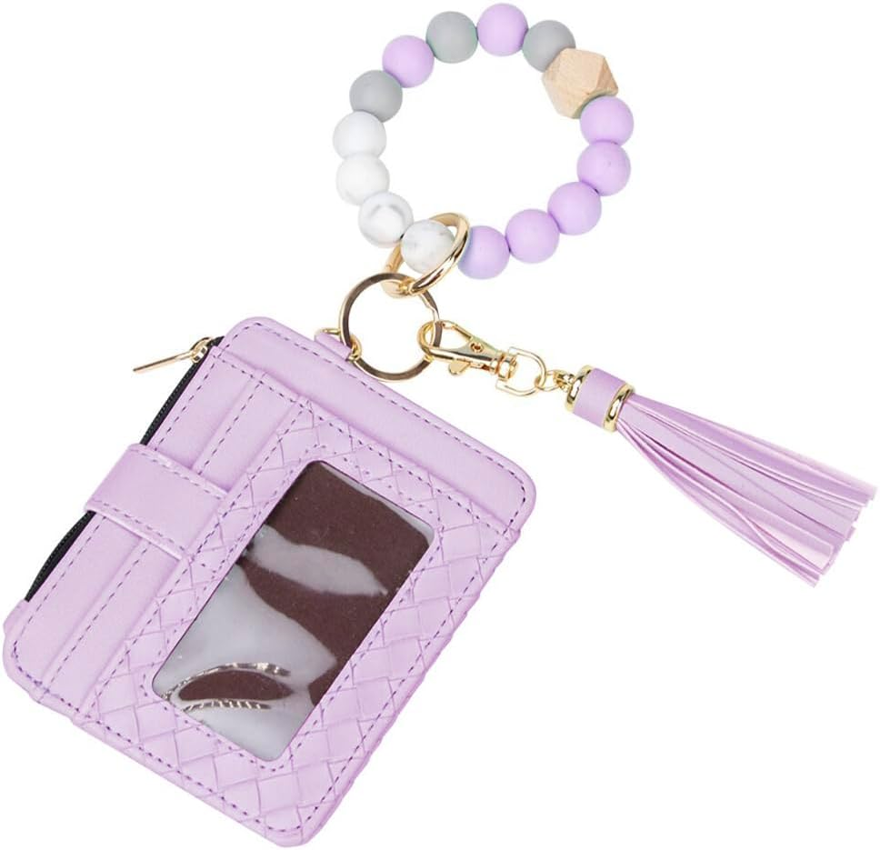 Wristlet Bracelet Keychain Credit Card Holder Purse,Rfid Blocking Zip Slim Wallet,Silicone Bead Tassel Key Ring for Women, Purple, One Size, Keychain Wallet with Bracelet image number 1