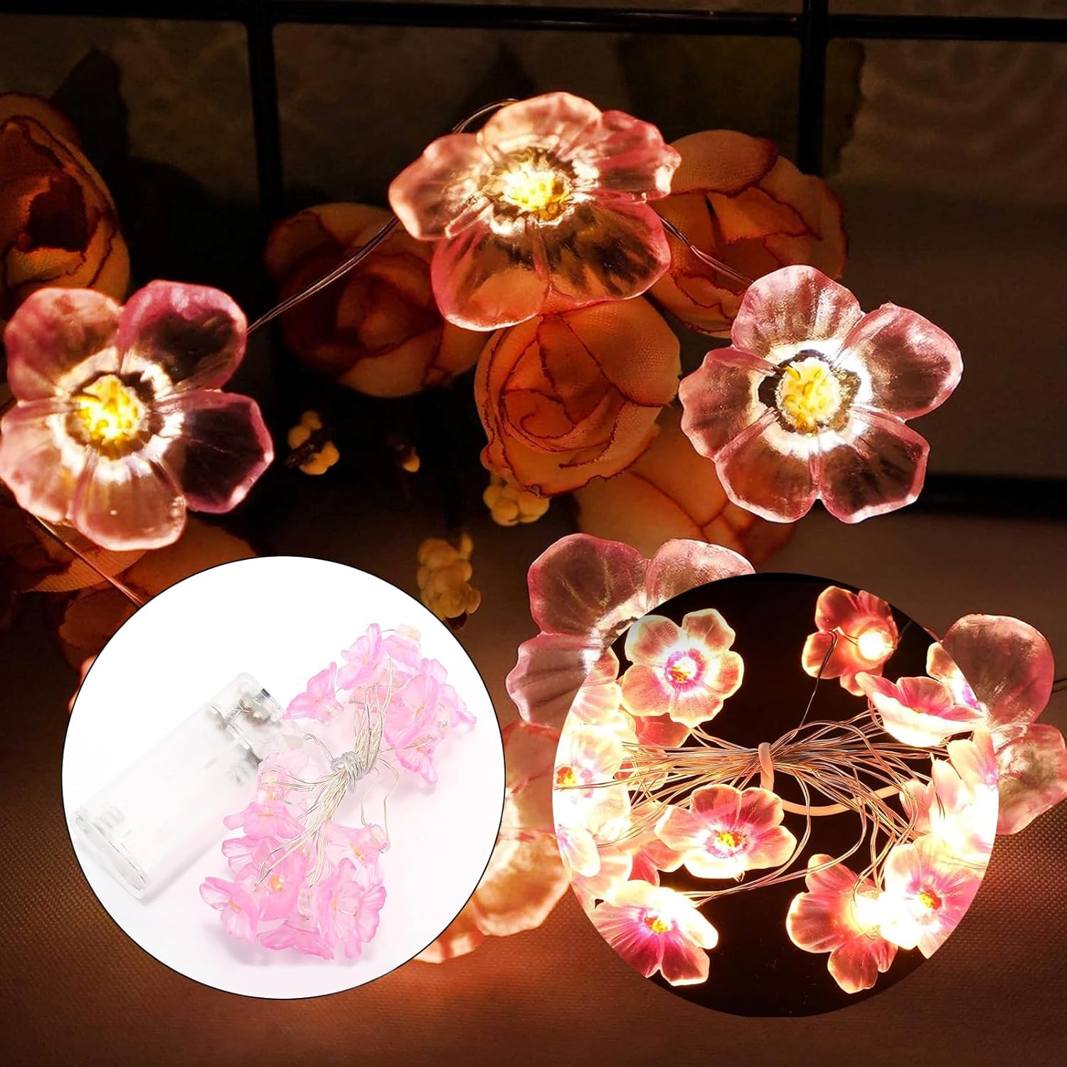 Goldrock LED Fairy Lights Cherry Blossom Decoration, 2 M 20 LED Cherry Blossom Lights, Fairy Lights Flowers Indoor Battery Pink, Kawaii Japanese Decoration, Cherry Blossom Fairy Lights for Spring image number 3