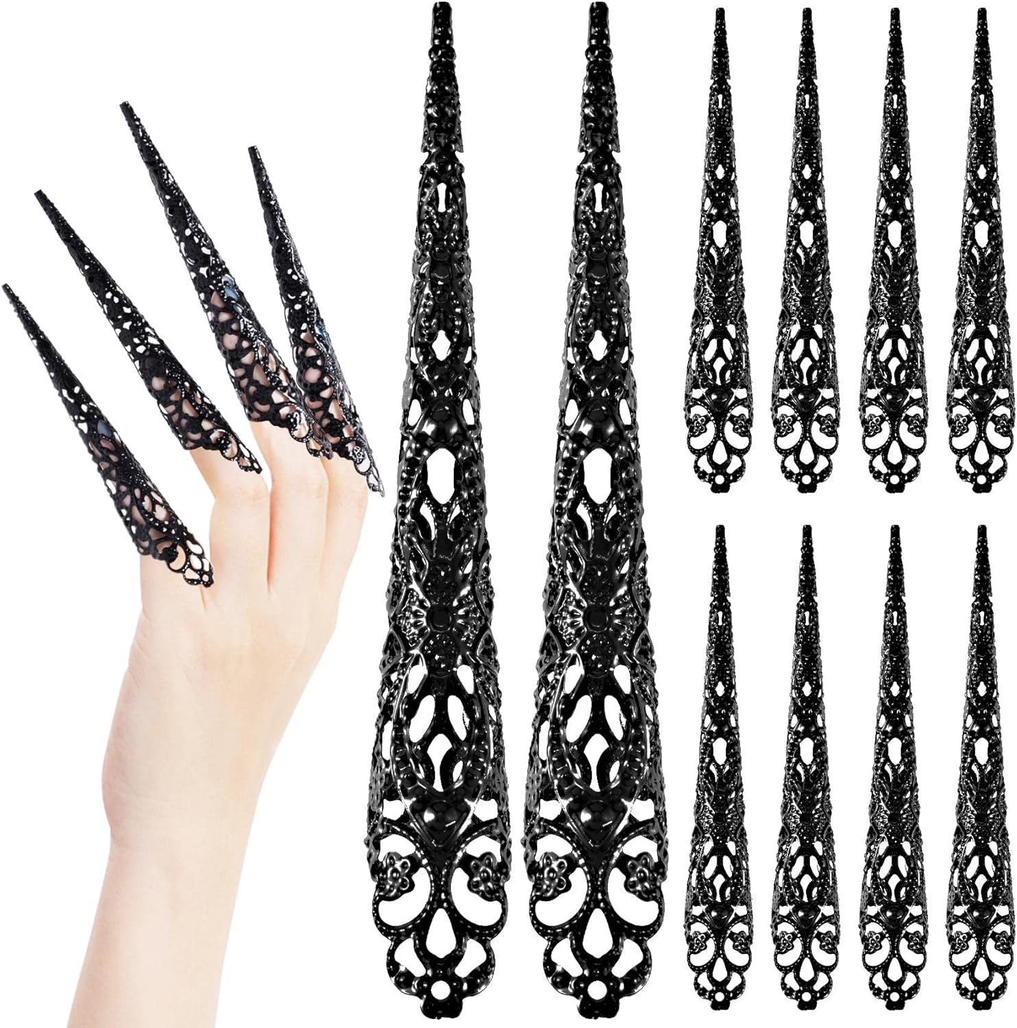 ANCIRS 10 Pack Finger Nail Tip Claw Rings, Ancient Queen Costume Fingertip Claw Nail Rings Decoration Accessory, Finger Knuckle Protectors for Halloween Cosplay Drama Dance Show- Black