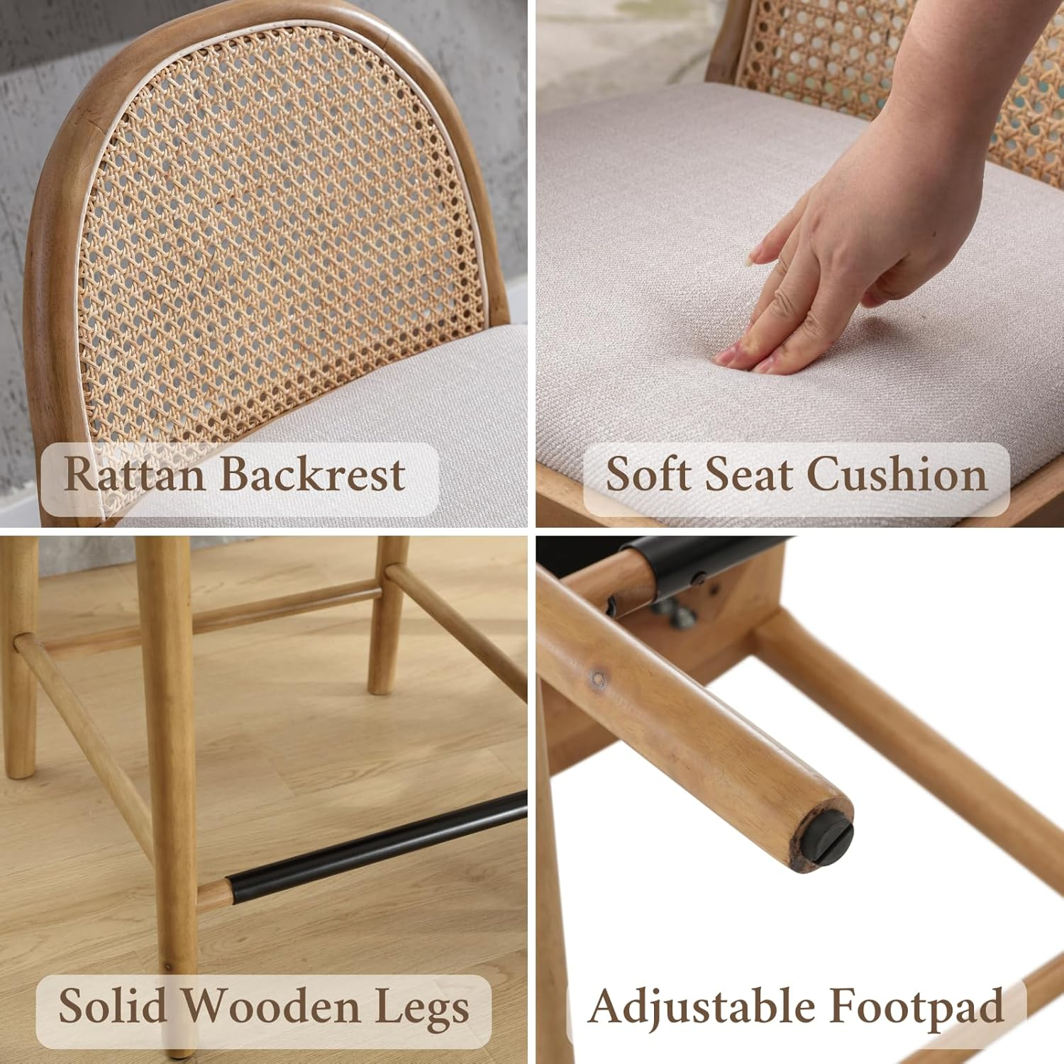 Ya-Home Mid-Century Bar Stools Set of 2, 30 Inch Counter Height Rattan Back Linen Barstools Comfy Upholstered Bar Chairs with Wooden Legs for Kitchen Dining Room, Beige image number 5