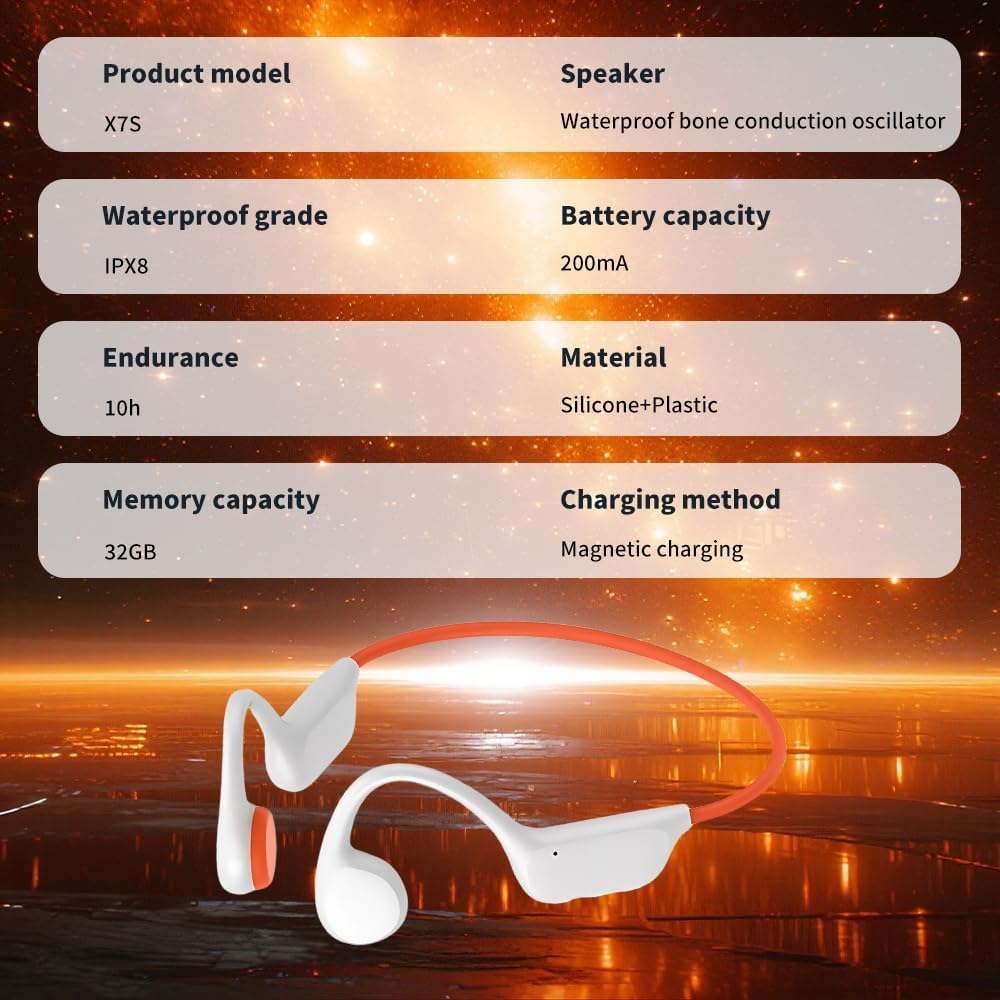 Bone Conduction Headphones, 32GB Memory Bluetooth Swimming Earphones with Luminous Breathing Lamp IPX8 Waterproof Headphone for Swimming, Running, Riding, White/Orange