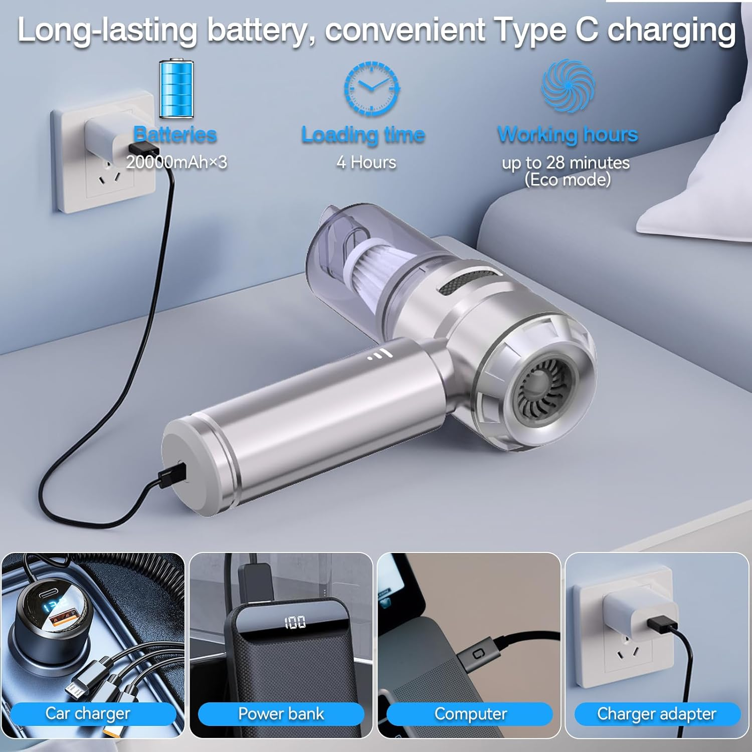 Car Vacuum Cleaner, 4 in 1 Cordless Handheld Vacuum Cleaner, 22000PA High Power Mini Vacuum Cleaner, Rechargeable Handheld Vacuum,Portable Cordless Compressed Air Duster Air Blower for Car Home image number 2