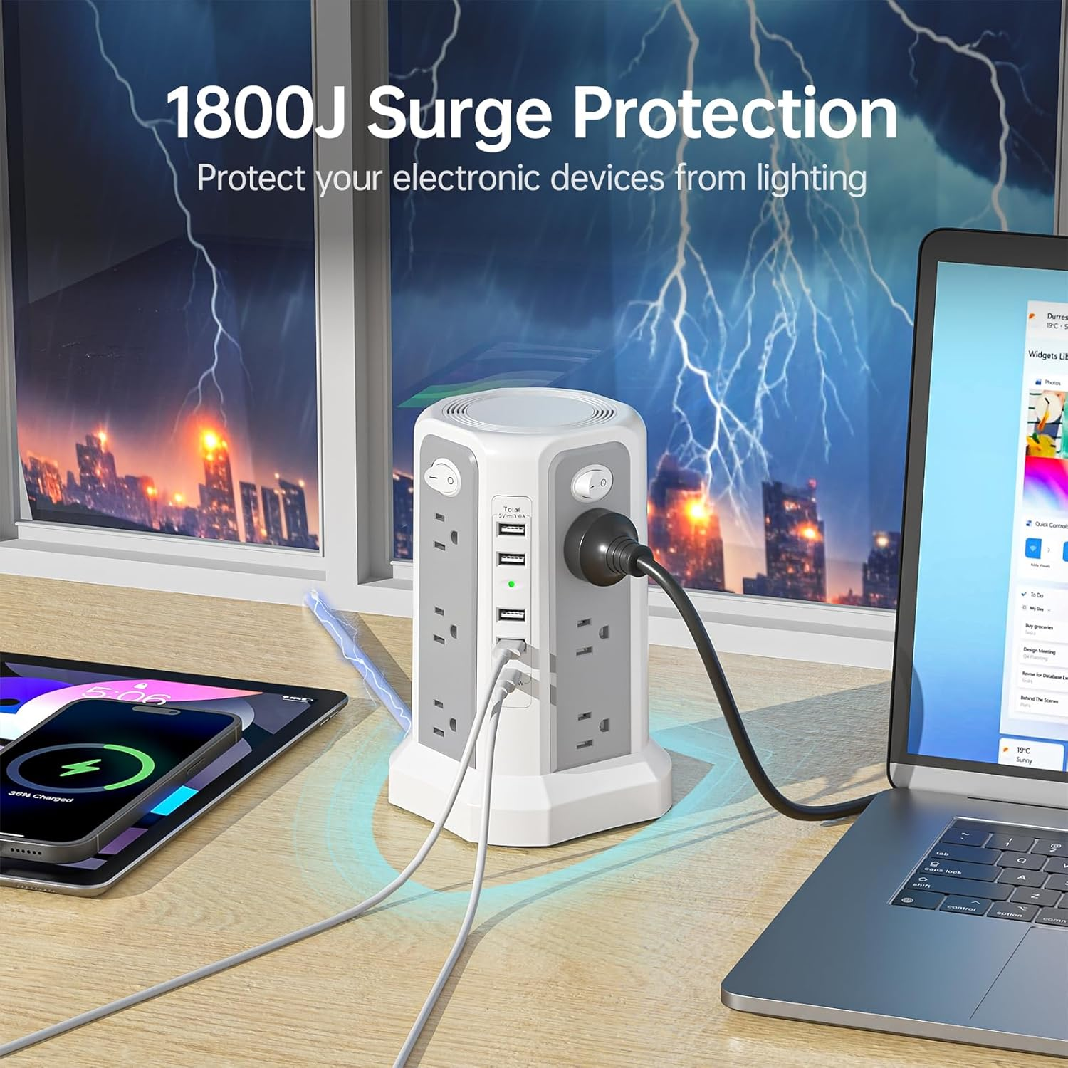 Surge Protector Power Strip with 18W Fast Charging Port, 10FT Extension Cord with 12 AC Outlets and 5 USB Ports(1 USB C), Passus Power Strips Tower Overload Protection for Home Office Dorm Room image number 4