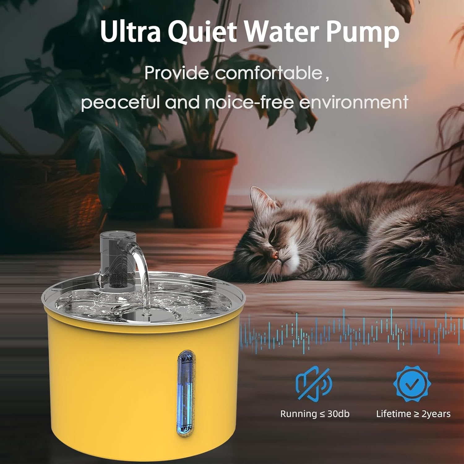 Cat Water Fountain Stainless Steel, 3L/101Oz Pet Water Fountain for Cats Indoor, Super Silent Automatic Cat Drinking Fountain，Yellow image number 1