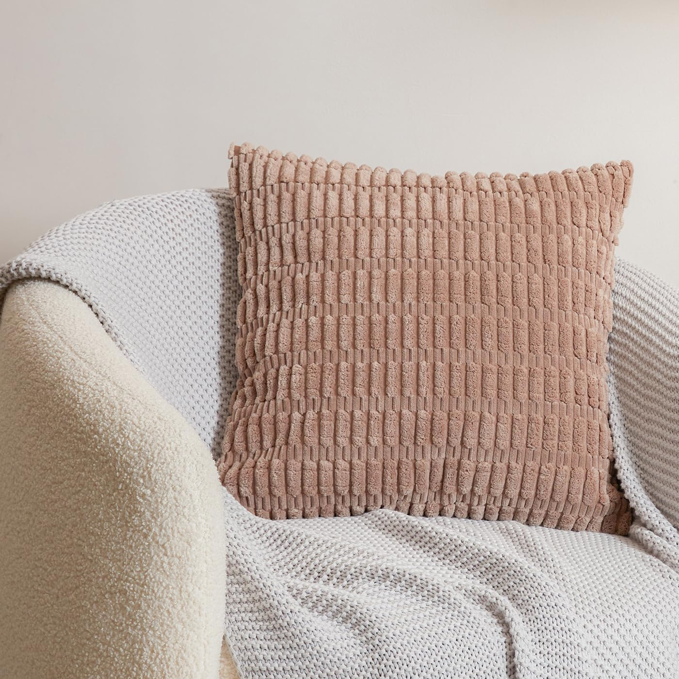 Pack of 2 Corduroy Decorative Throw Pillow Covers 18X18 Inch, Soft Neutral Couch Pillow Covers Boho Plush Striped Cushion Cases Rustic Farmhouse Home Decor for Sofa Bedroom Living Room Couch Balcony