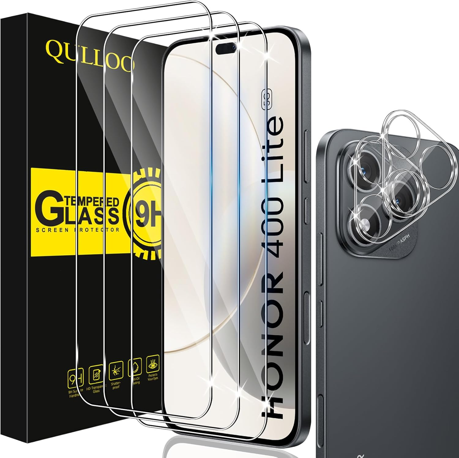 QULLOO Screen Protector for Honor 400 Lite, Pack of 2 Screen Protectors with 2 Camera Protection, 9H Hardness Tempered Glass HD Clear Protective Glass Anti-Scratch Film image number 6