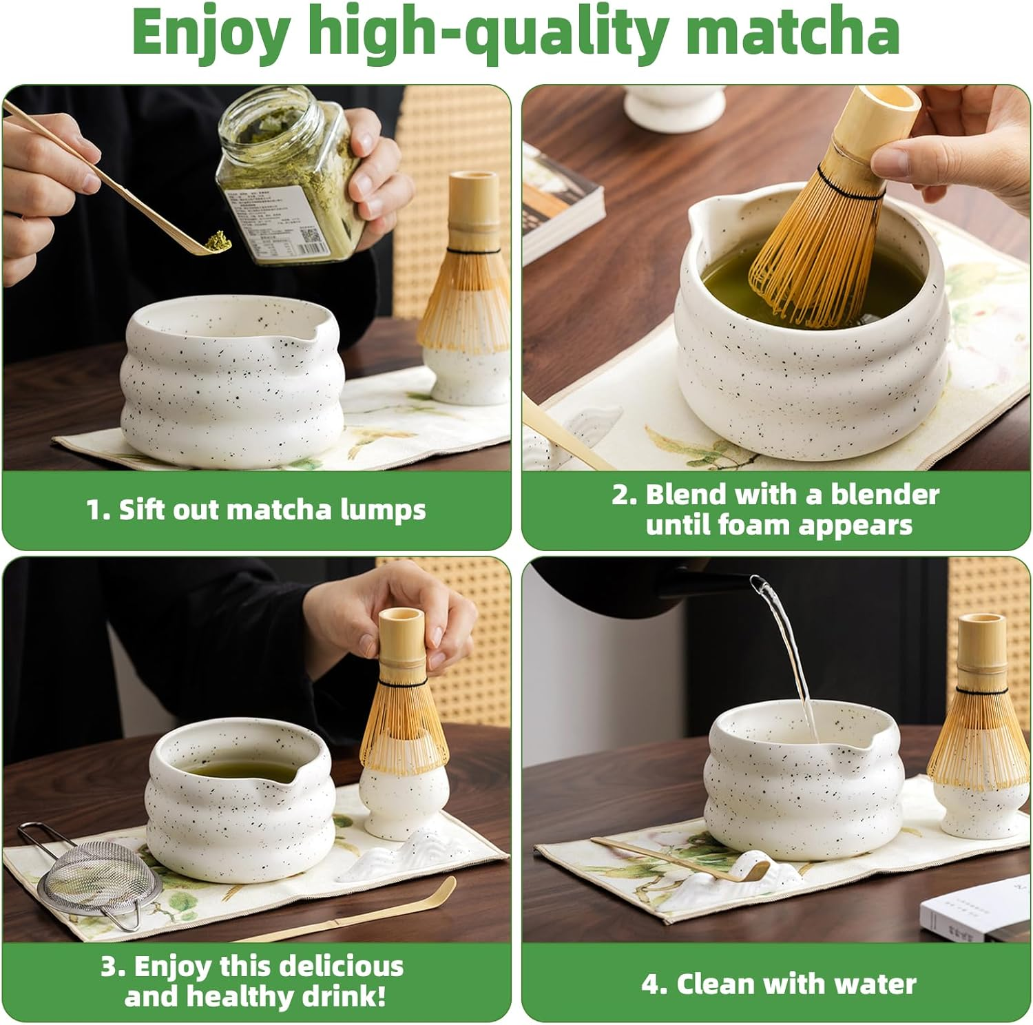 Matcha Whisk Set, 7 Pcs Ceramic Matcha Kit with Matcha Bowl, Spout, Bamboo Whisk, Bamboo Scoop, Ceramic Holder and Stainless Sifter for Traditional Tea Ceremony image number 1