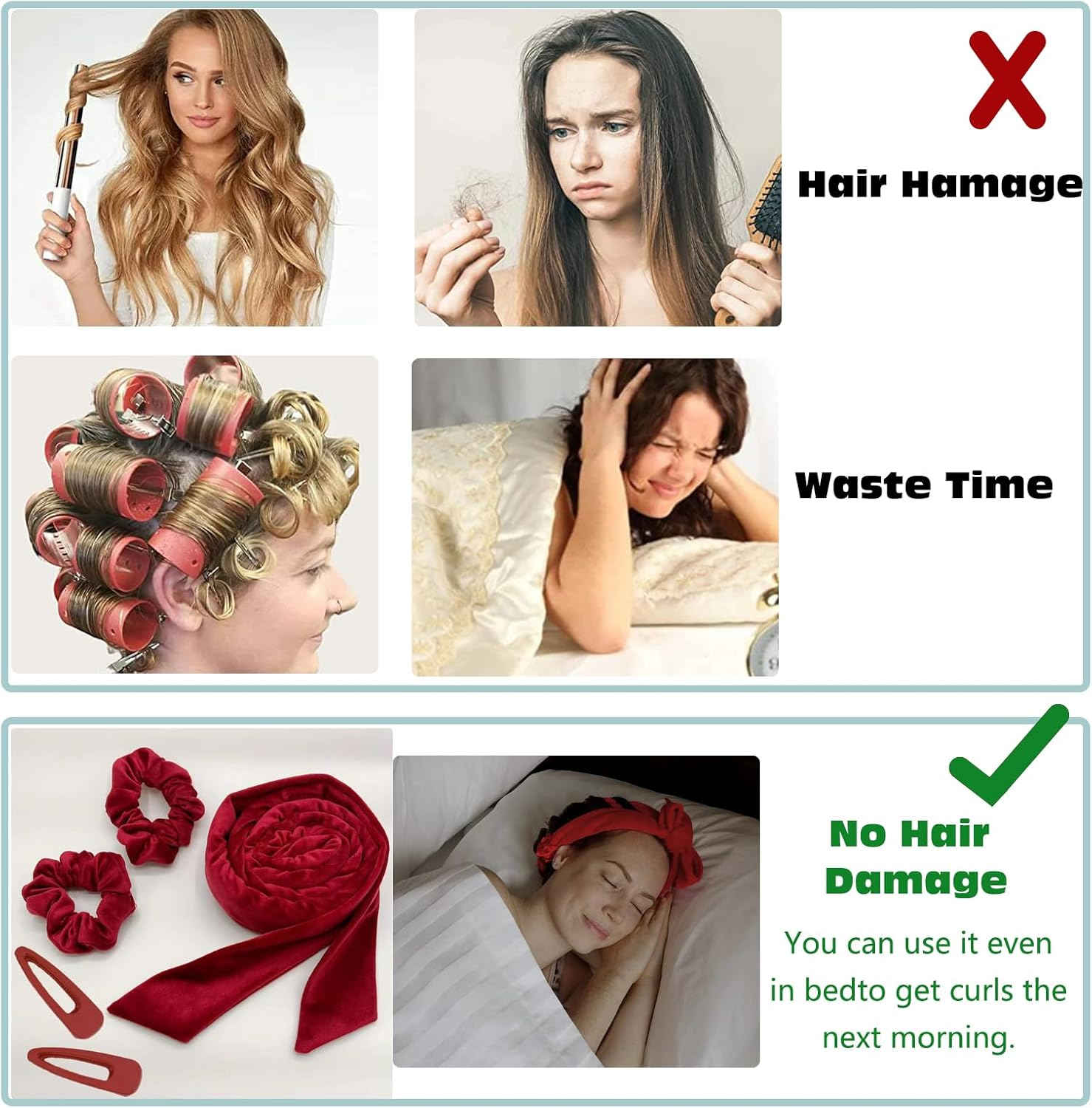 KASESSS Heatless Curlers, Silk Heatless Curlers Headband for Sleeping Overnight, Heatless Curls, Hair Curlers No Heat for All Hair Types, Soft Velour Heatless Hair Curler, Heatless Curler, Red image number 6