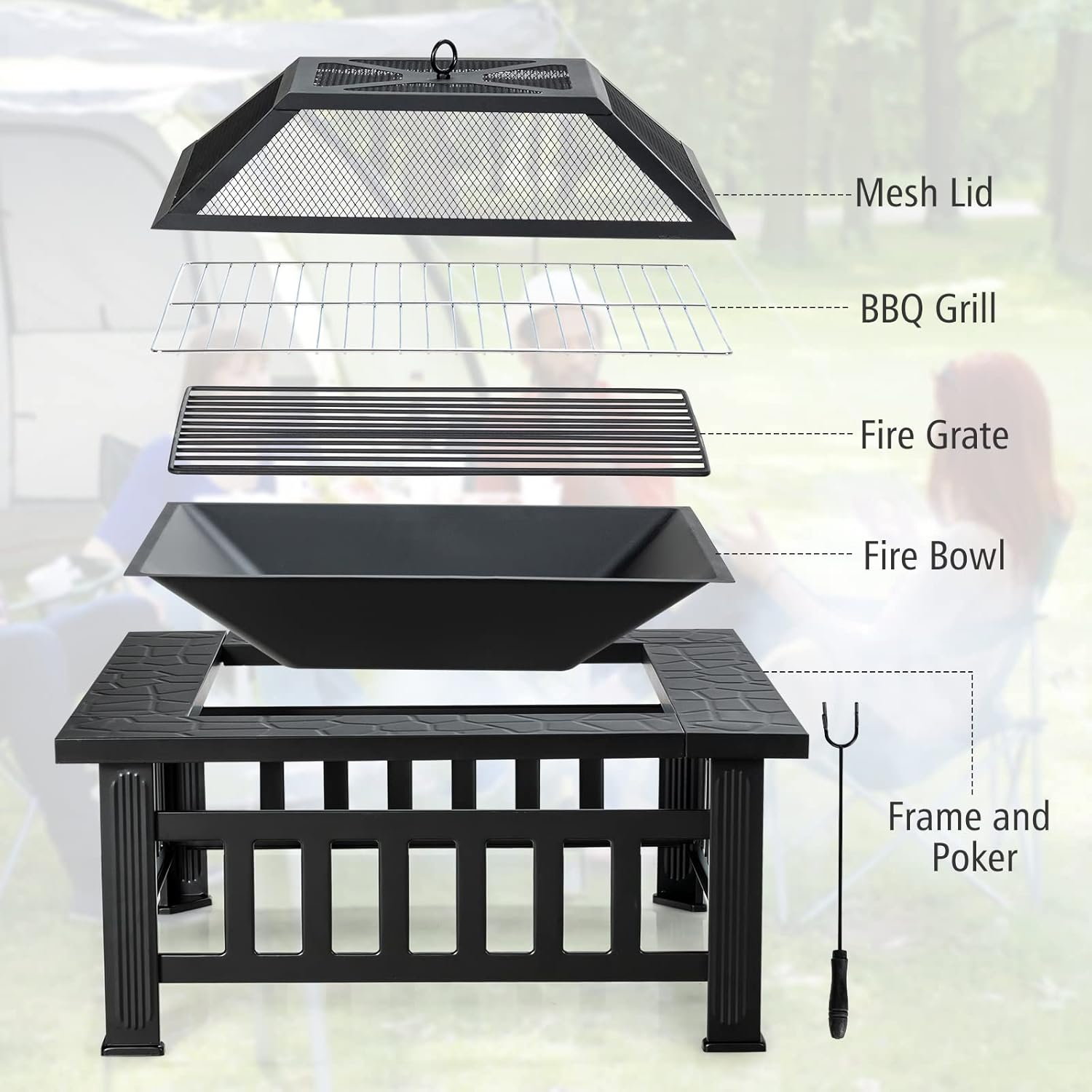 Costway 32&rdquo; 3-In-1 Fire Pit, Outdoor Kitchen Charcoal BBQ Table Grill, Square Stove Bonfire Wood Burning Fireplace W/Spark Screen Cover&Poker, Patio Garden Camping Heater Ice Bucket image number 6
