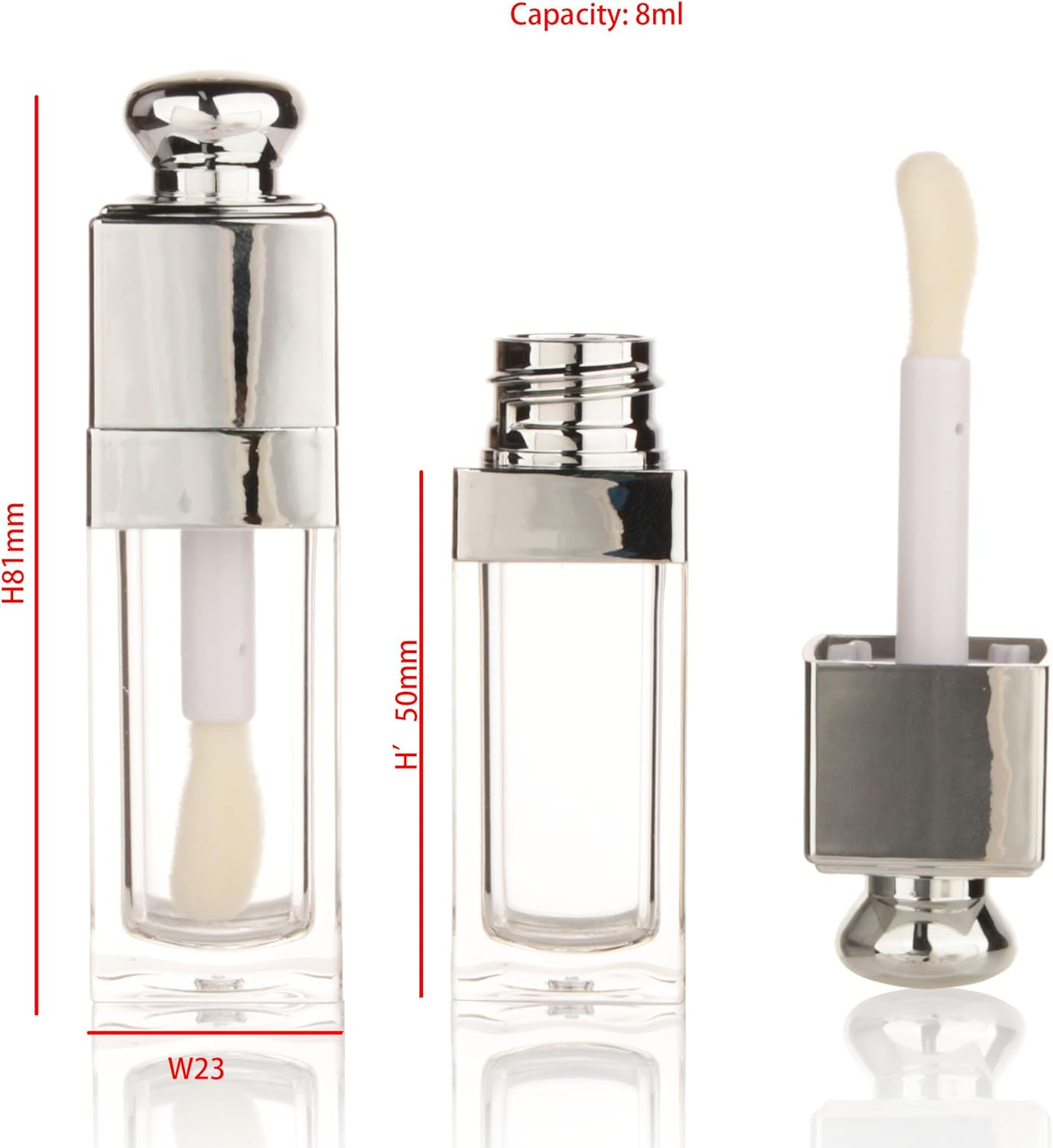 COSIDEA 18PCS Empty 8ML Square Clear Lip Gloss Tube Silver Big Doe Foot Wand Lipgloss Tubes for Lip Oil Tint Bottles Container image number 3