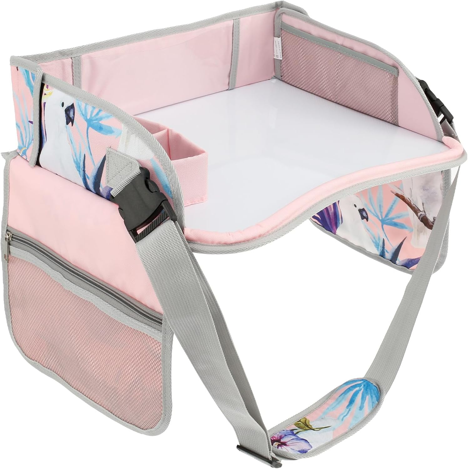 Fwqofvk Car Seat Tray, Kids Travel Tray for Car, Easy to Install Car Seat Table Tray, Portable Car Lap Tray with Adjustable Shoulder Strap and Pocket for Kids Road Trip Activities (Pink)