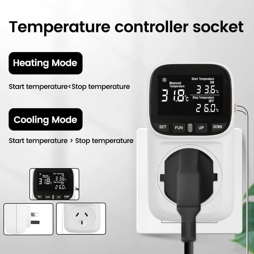 2400W Digital Temperature Controller Plug in Thermostat Outlet Digital RV Thermostat Heating Cooling Mode Timer Socket 10A /240V Heating Cooling Control -40℃~120℃ with 2.0M Sensor image number 3