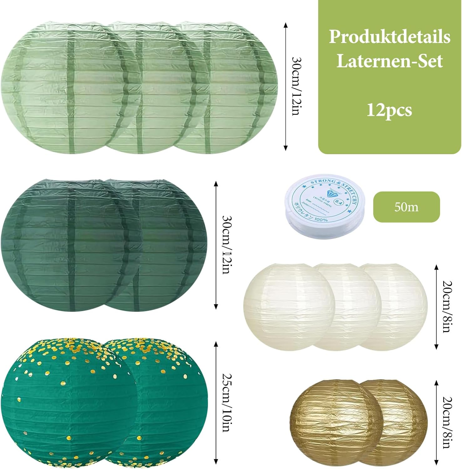 Pack of 12 Paper Lanterns, Green Gold, Sage Green Paper Lantern with 50 M Fishing Line, round Hanging Paper Lanterns, Party Decoration, Paper Lantern for Wedding, Garden Party (Diameter 20 Cm/25 Cm/30 image number 6