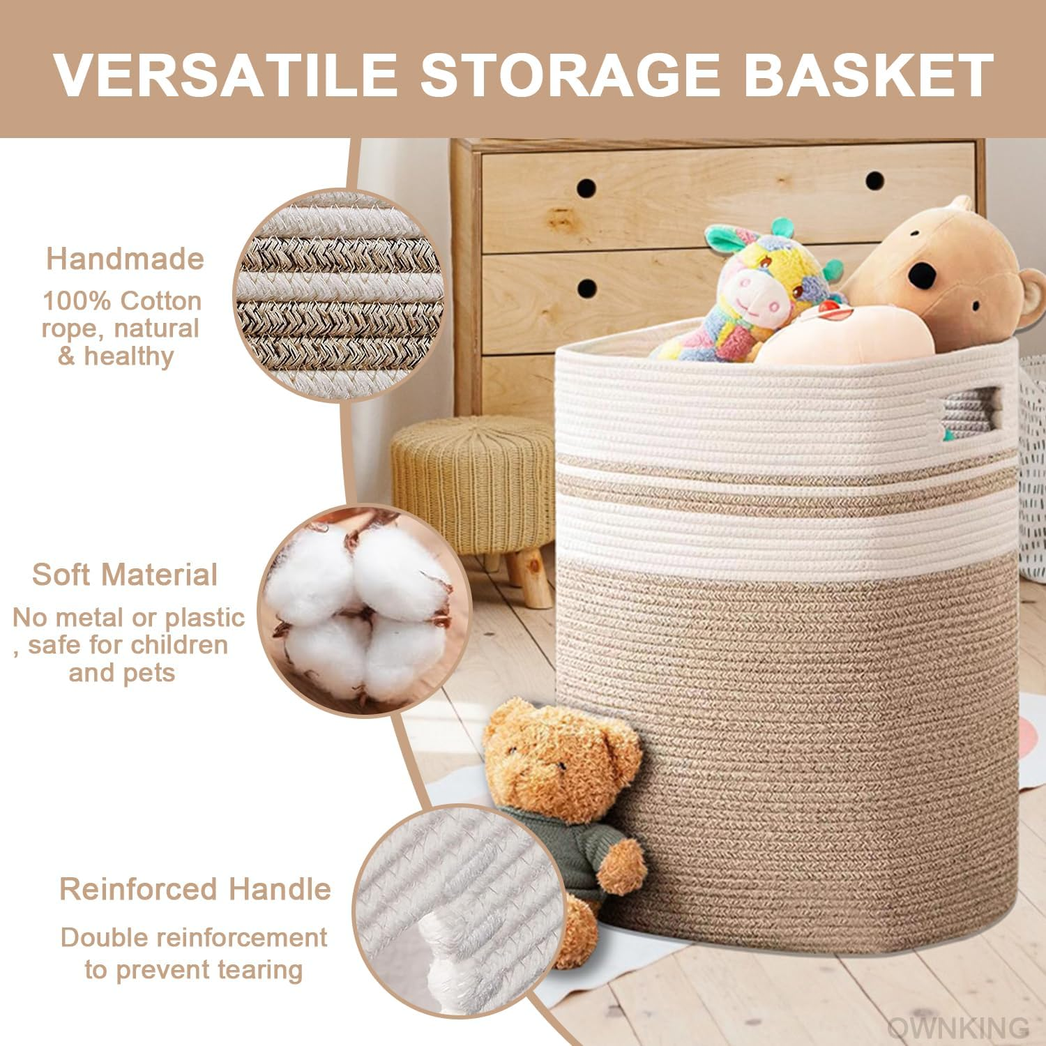 OWNKING Laundry Basket, Tall Woven Cotton Laundry Hamper, Large Capacity Collapsible Storage Basket, Decorative Versatile Blanket Basket for Clothes, Blankets, Toys Storage & Organization, 16X13X22In image number 3