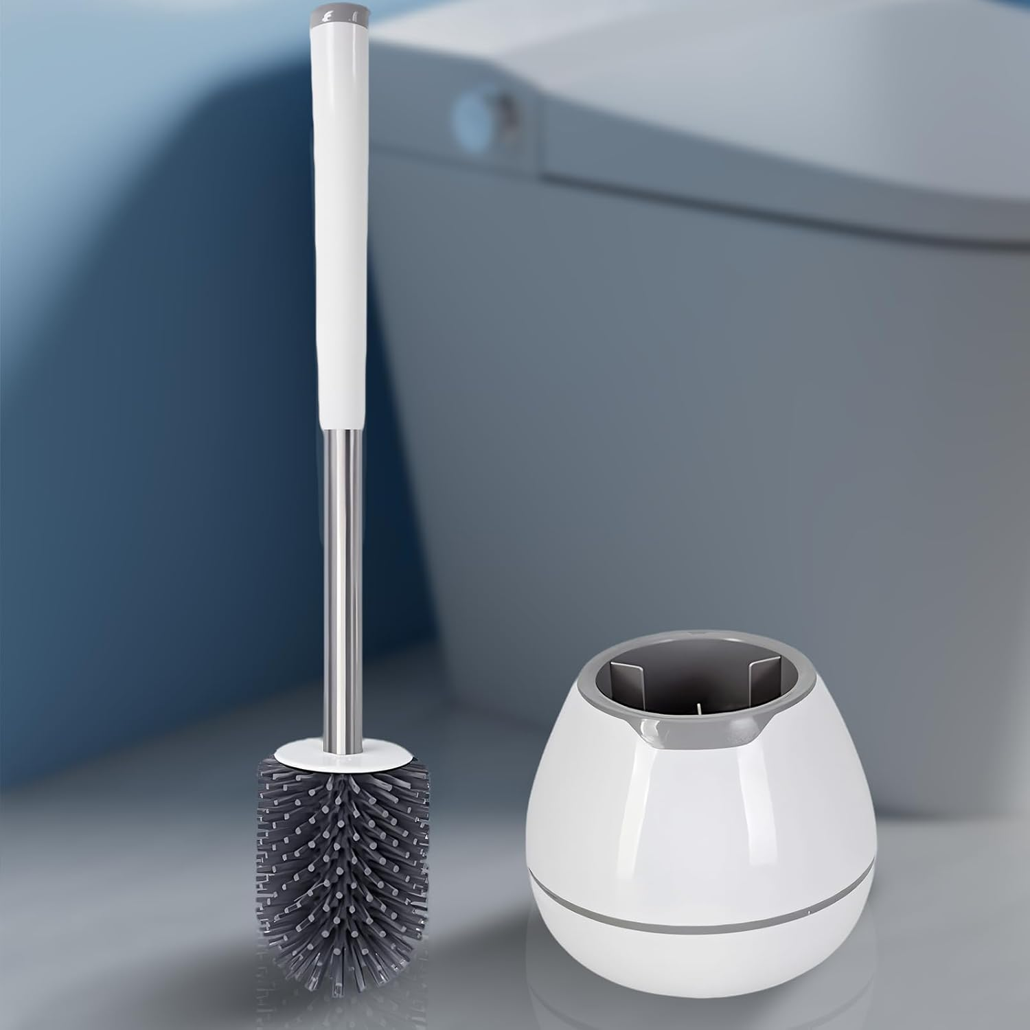 Toilet Brush Set - Toilet Bowl Brushes and Holders for Bathroom, Durable Toilet Cleaner Brush Scrubber for Deep Cleaning with Silicone Bristles, Ventilated Holder - White image number 3
