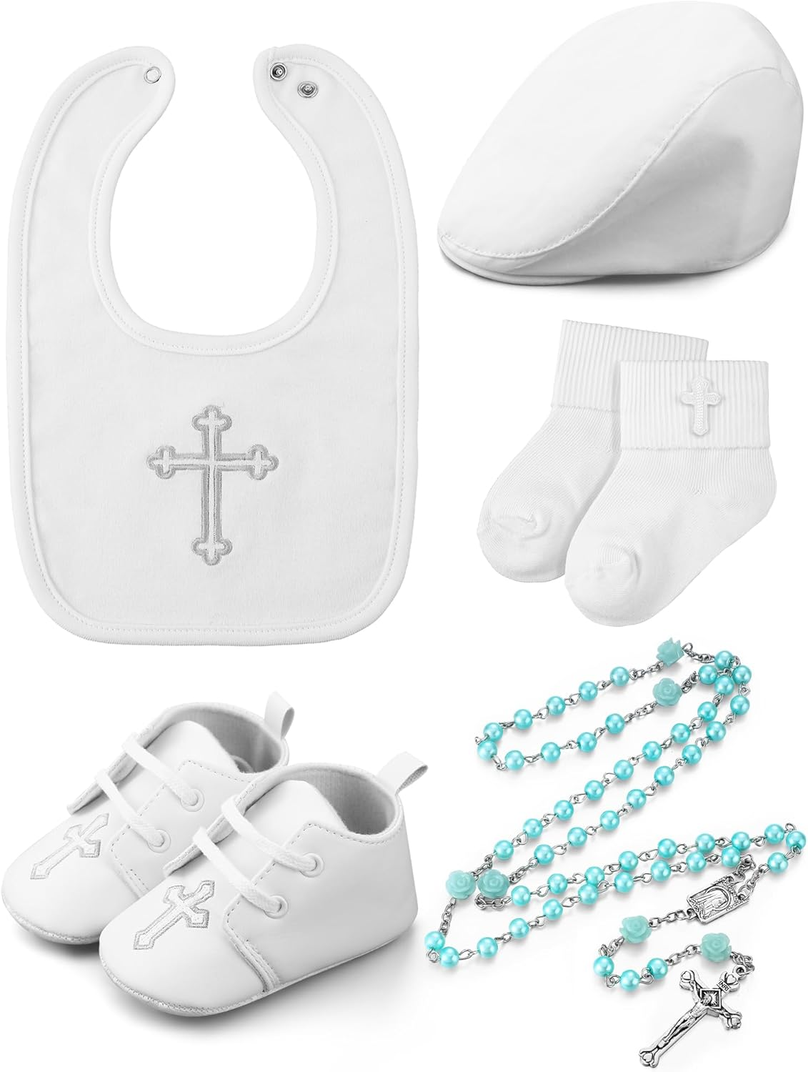 5 Pcs Baptism Gifts for Baby Boys Include White Embroidered Cross Bib Christening Socks Shoes Baptism Hat and Rosary Christening Outfits for Boys Toddler Infant First Communion Gift, White image number 3